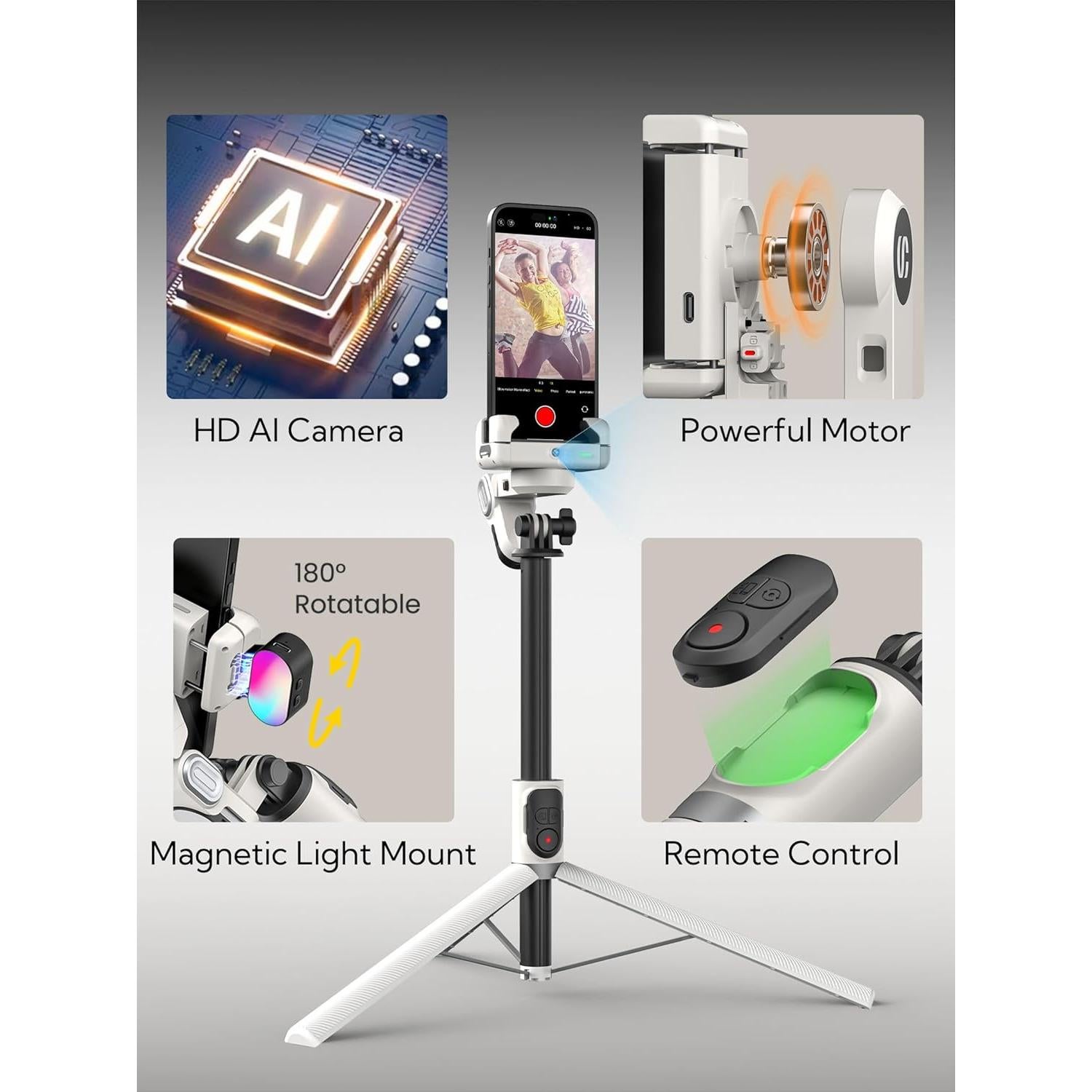 Trípode Automático AOCHUAN M2Pro Blanco con Luz RGB y Control Remoto