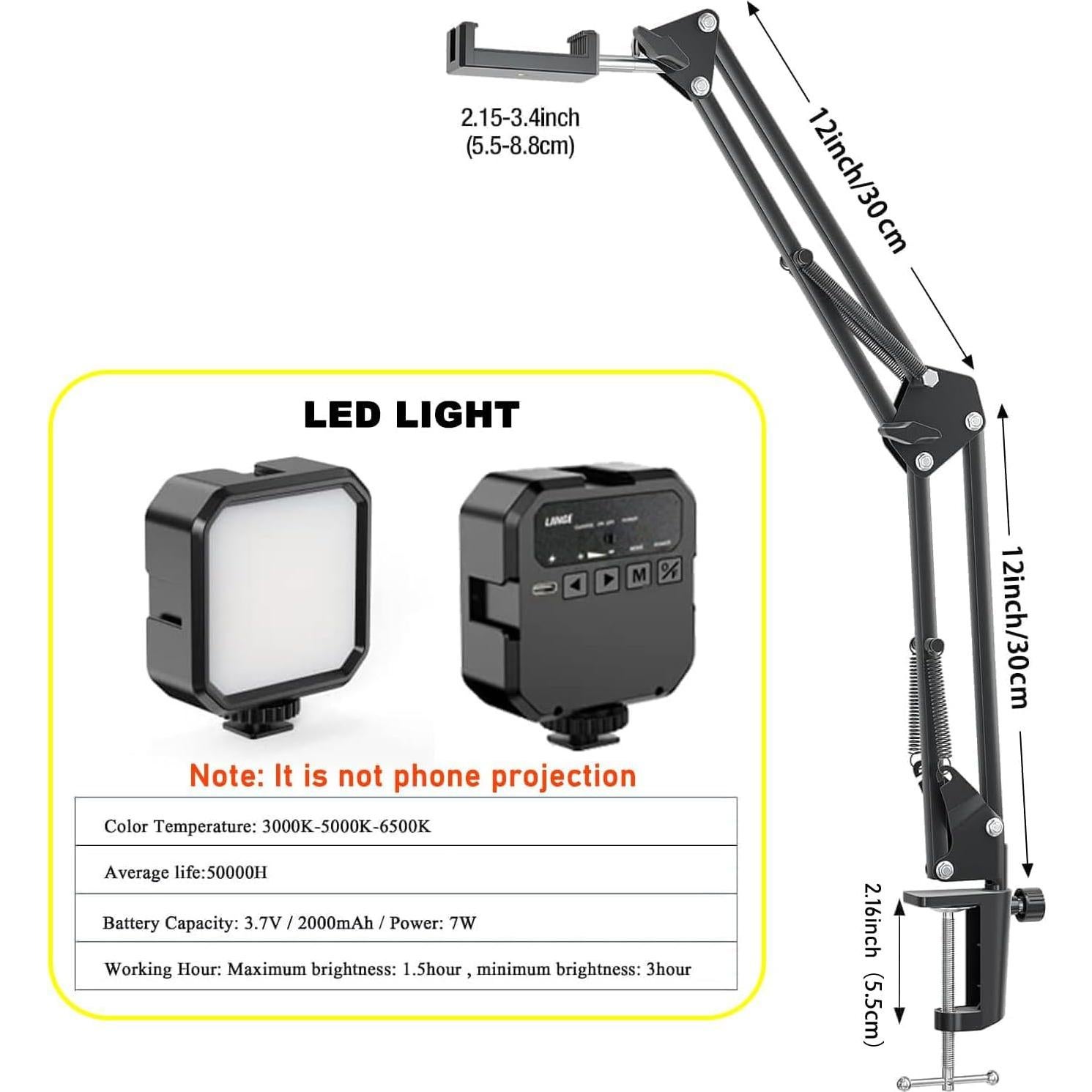 Soporte de Teléfono de Techo LJINGE con Luz LED y Brazo Flexible
