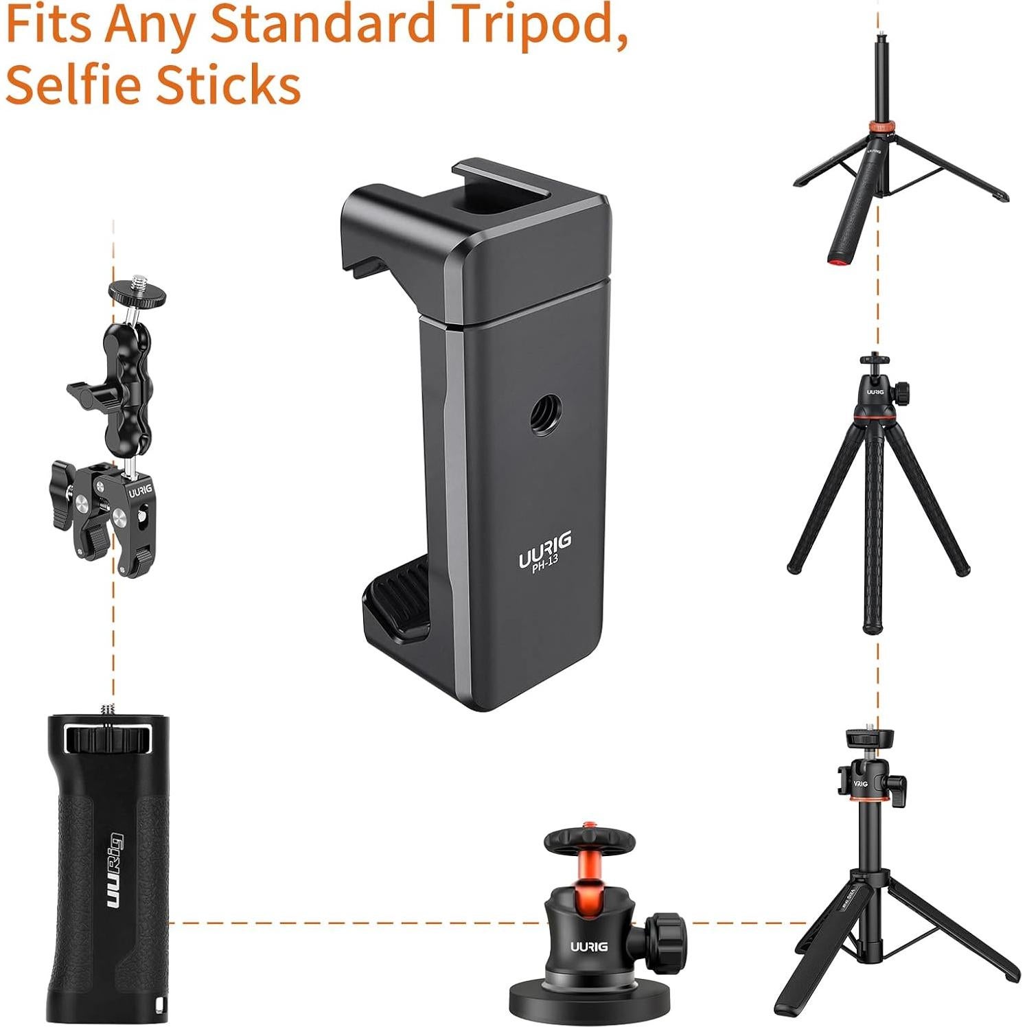 Soporte de trípode UURIG para teléfono metálico con 2 zapatas frías