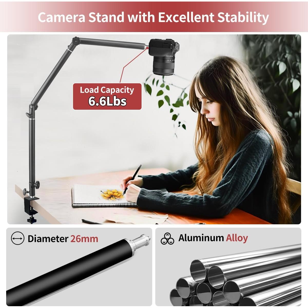 HEMMOTOP Overhead Camera Mount, Camera Arm Desk Mount Max. Load 6.6 LBS, Flexible Adjustable Webcam Stand for Desk Max. Height 41.1", Over The Top Camera Tripod for Cooking, Video Recording MS05