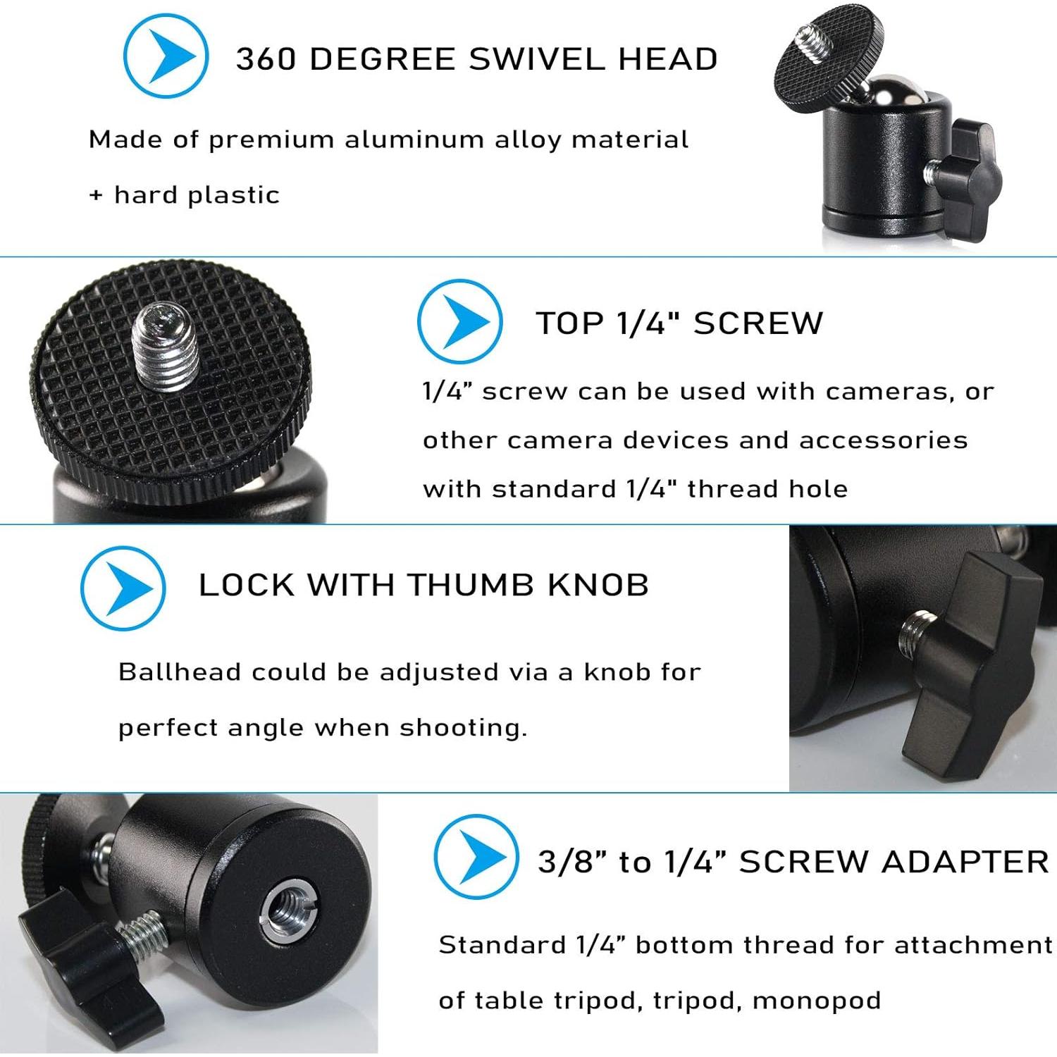 Cabezal de Bola Mini EXMAX 360° con Adaptador 1/4" a 3/8"