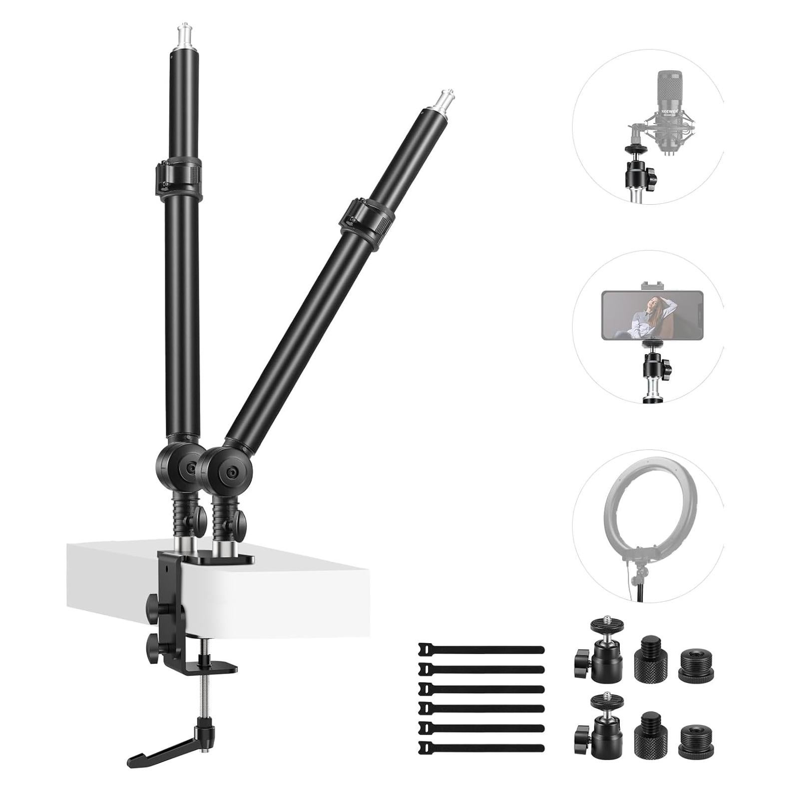 NEEWER Upgraded C Clamp Desk Mount for Dual Camera Mount Stand, 225° Tilt & 360° Swivel Telescopic 17.7"-24.8" Desktop Webcam Stand for DSLRs Overhead Photography Ring Light Phone Action Camera