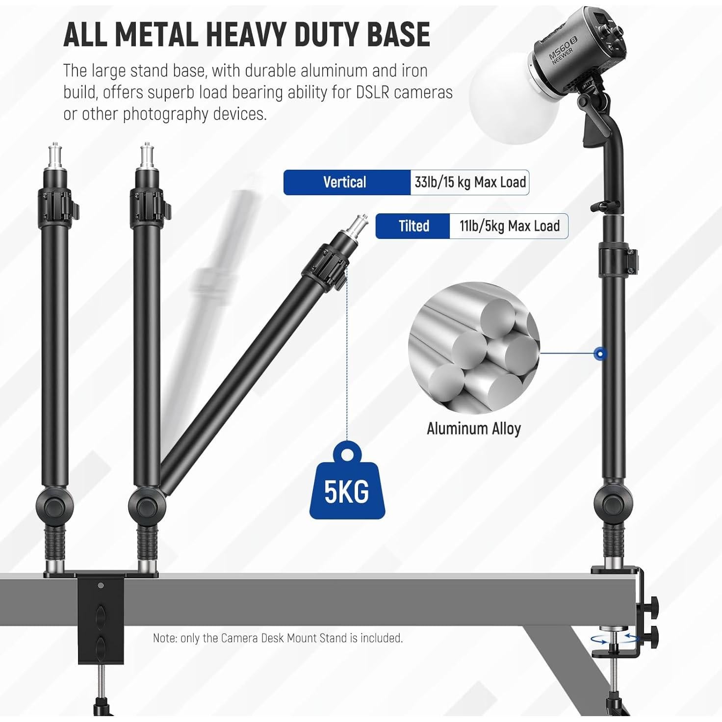NEEWER Upgraded C Clamp Desk Mount for Dual Camera Mount Stand, 225° Tilt & 360° Swivel Telescopic 17.7"-24.8" Desktop Webcam Stand for DSLRs Overhead Photography Ring Light Phone Action Camera