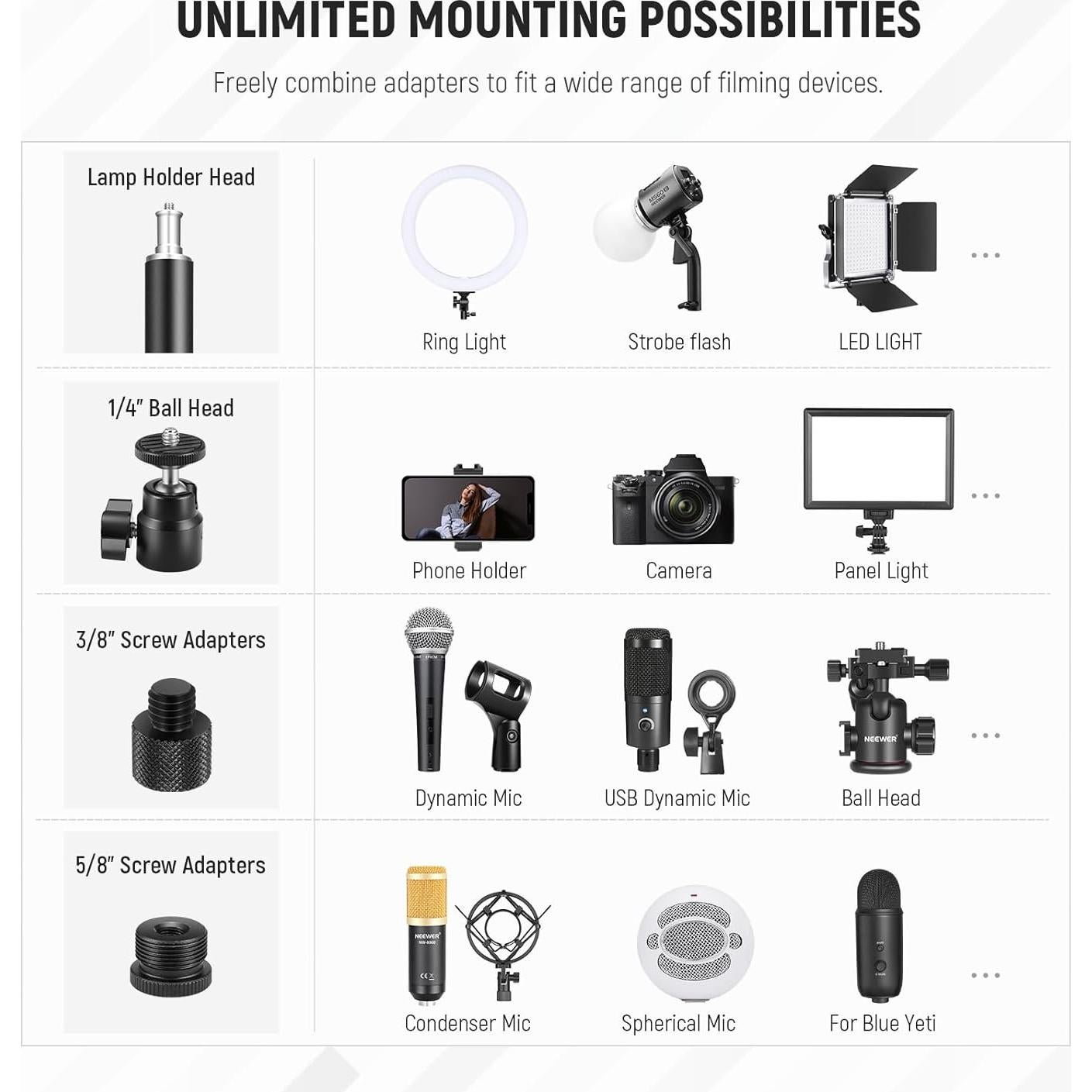 NEEWER Upgraded C Clamp Desk Mount for Dual Camera Mount Stand, 225° Tilt & 360° Swivel Telescopic 17.7"-24.8" Desktop Webcam Stand for DSLRs Overhead Photography Ring Light Phone Action Camera