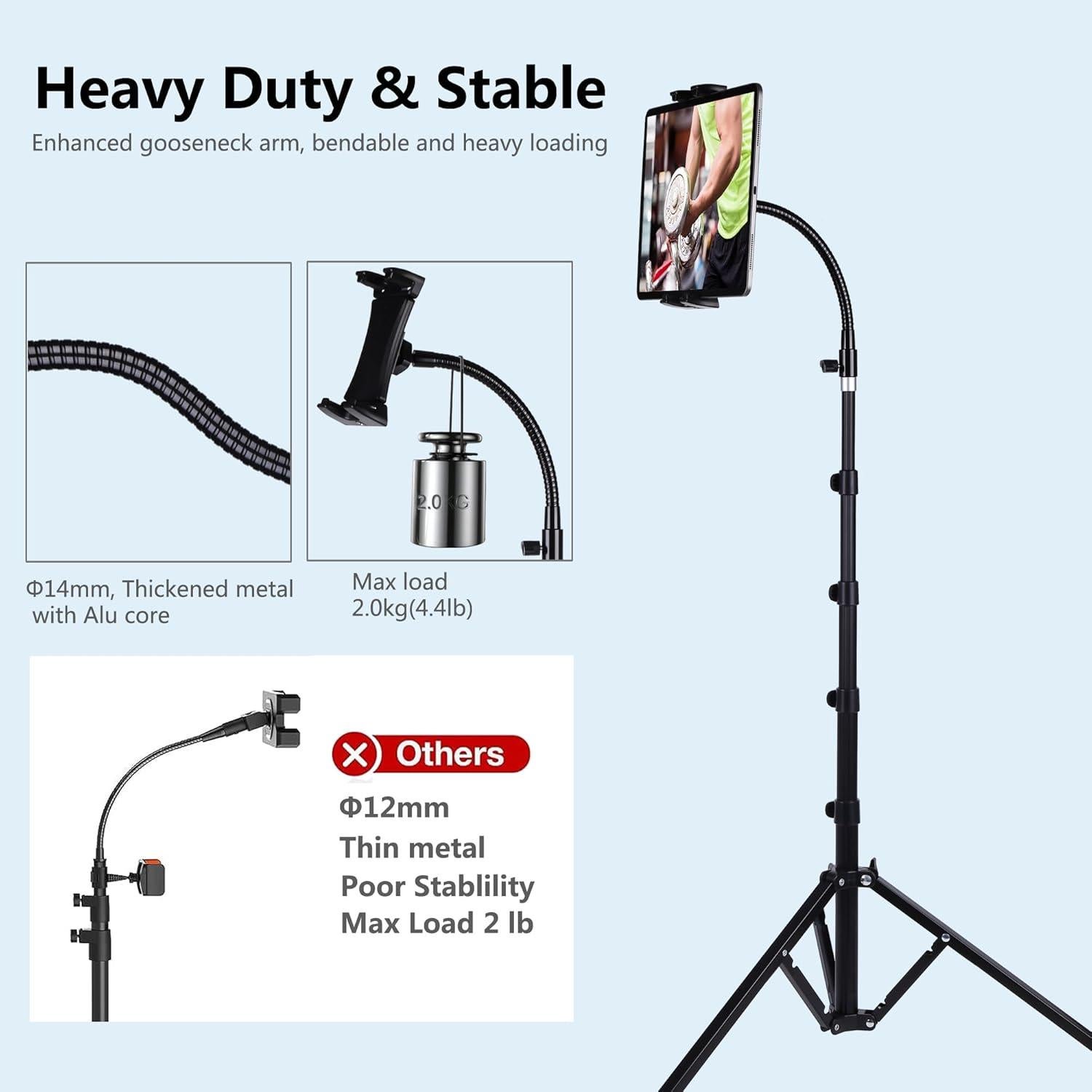 Peastrex Ipad and Phone Tripod 73" Gooseneck Tablet Floor Stand Holder Mount with Remote for 3.5 to 15in Tablets iPhones, iPad Pro Air Mini 12.9 11 10.5, Galaxy Tab S9 Ultra 14.6", Surface