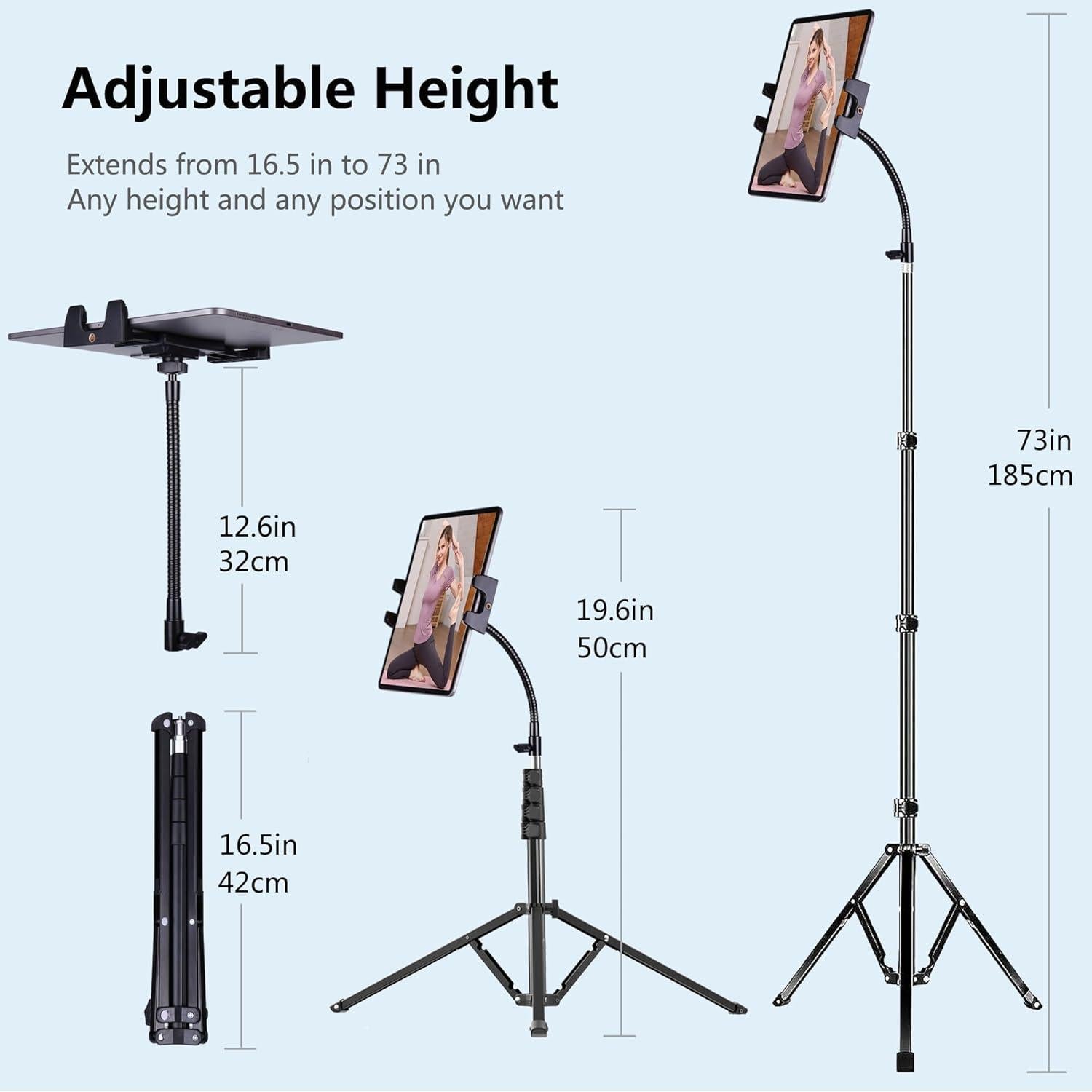 Peastrex Ipad and Phone Tripod 73" Gooseneck Tablet Floor Stand Holder Mount with Remote for 3.5 to 15in Tablets iPhones, iPad Pro Air Mini 12.9 11 10.5, Galaxy Tab S9 Ultra 14.6", Surface