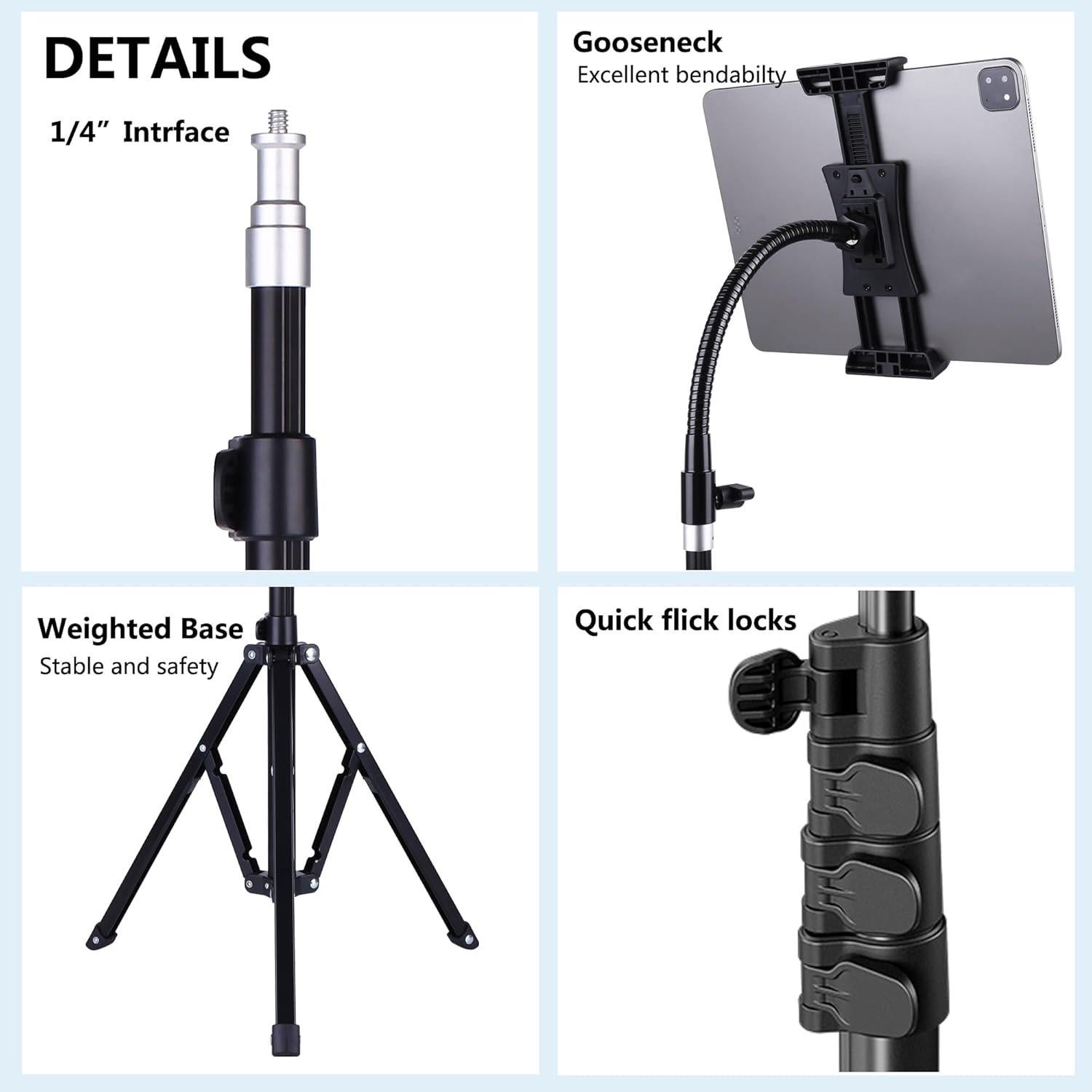 Peastrex Ipad and Phone Tripod 73" Gooseneck Tablet Floor Stand Holder Mount with Remote for 3.5 to 15in Tablets iPhones, iPad Pro Air Mini 12.9 11 10.5, Galaxy Tab S9 Ultra 14.6", Surface
