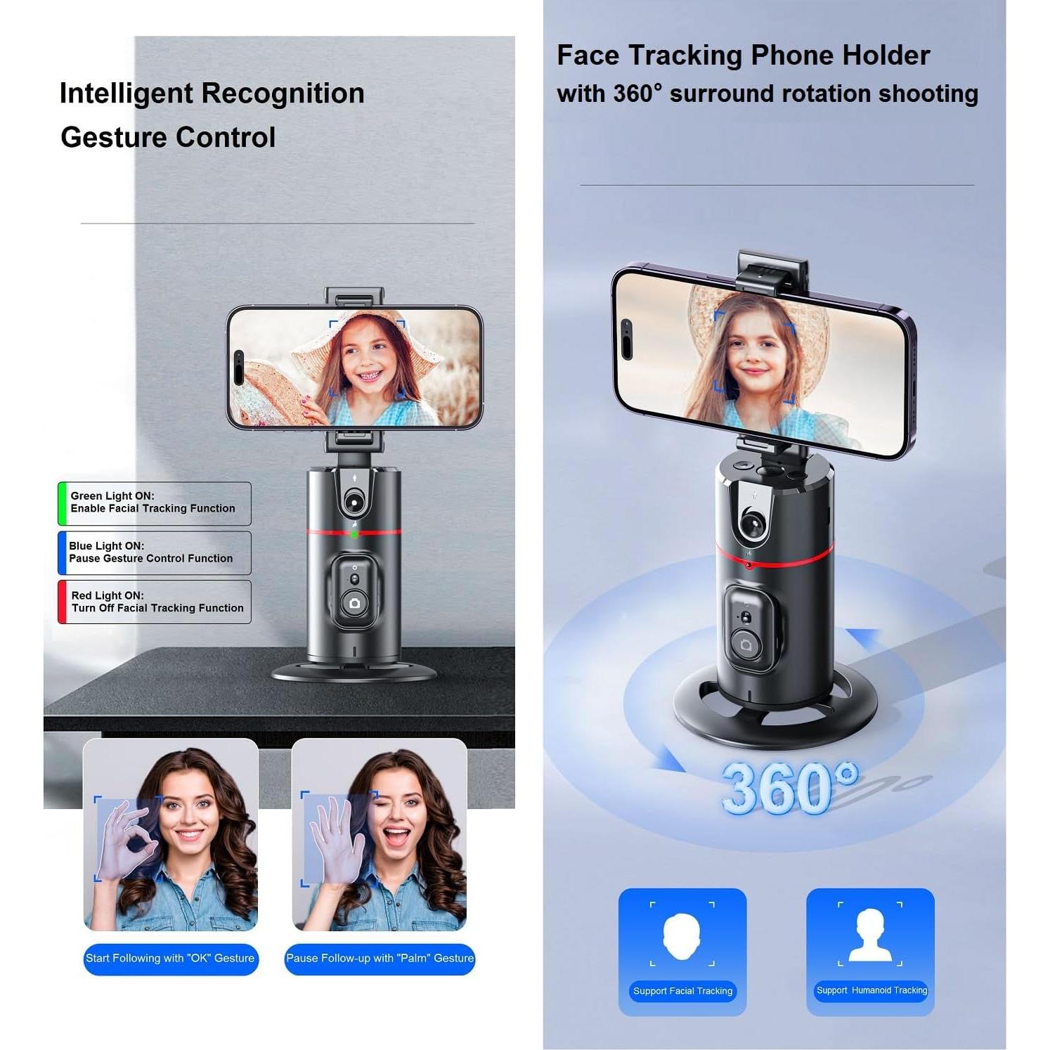 Auto Face Tracking Tripod 360° Rotation - Auto Tracking Phone Holder with Remote, Smart Shooting Phone Stand Moving Tripod for iPhone Content Creator Essentials for Video Vlog Live Stream, No App