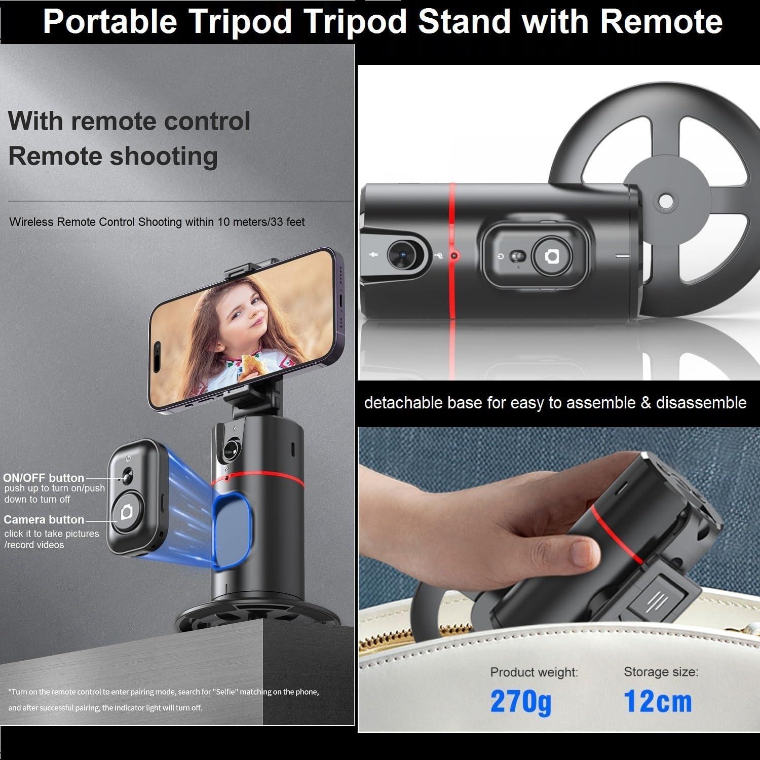 Auto Face Tracking Tripod 360° Rotation - Auto Tracking Phone Holder with Remote, Smart Shooting Phone Stand Moving Tripod for iPhone Content Creator Essentials for Video Vlog Live Stream, No App