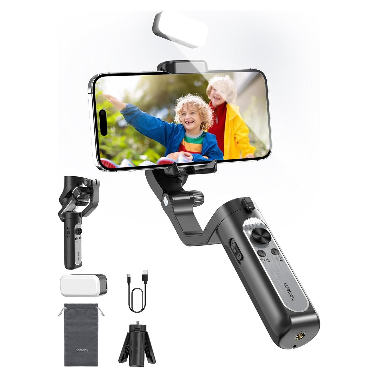 hohem iSteady XE Kit Gimbal Stabilizer for Smartphone, 3-Axis Gimbal for iPhone & Android with Magnetic Adjustable Fill Light, Portable & Foldable Stabilizer for Video Recording, YouTube TikTok Video