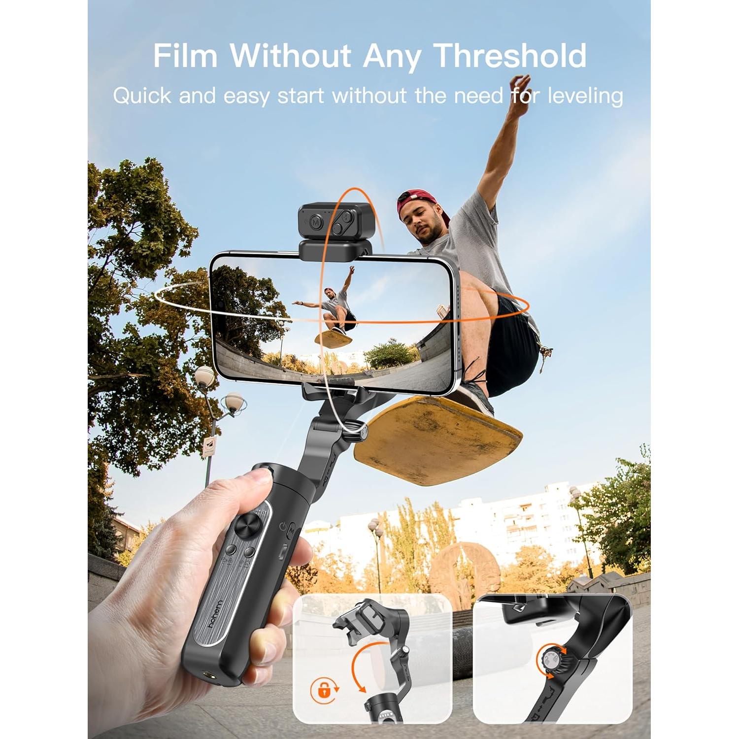 hohem iSteady XE Kit Gimbal Stabilizer for Smartphone, 3-Axis Gimbal for iPhone & Android with Magnetic Adjustable Fill Light, Portable & Foldable Stabilizer for Video Recording, YouTube TikTok Video