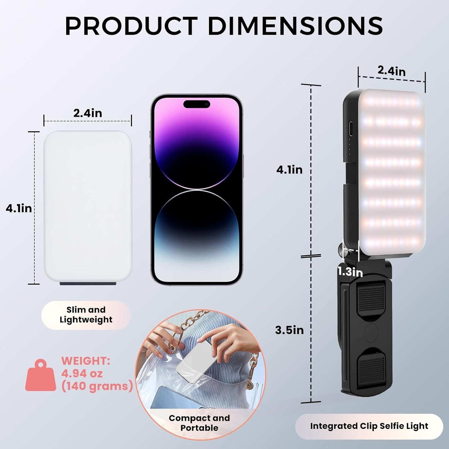 Selfie Light for Phone, Rechargeable Ring Light Clip for iPhone & Android, Portable Phone Light for Video Recording, Vlogging, Makeup, Photography