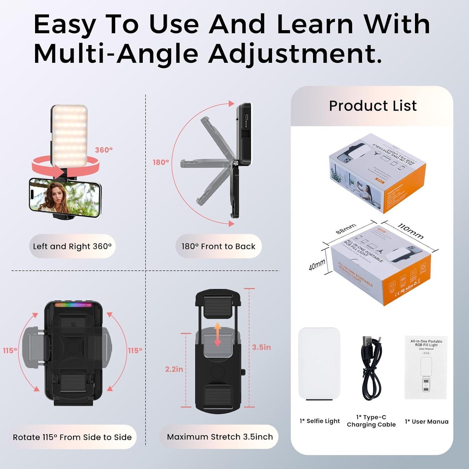 Selfie Light for Phone, Rechargeable Ring Light Clip for iPhone & Android, Portable Phone Light for Video Recording, Vlogging, Makeup, Photography