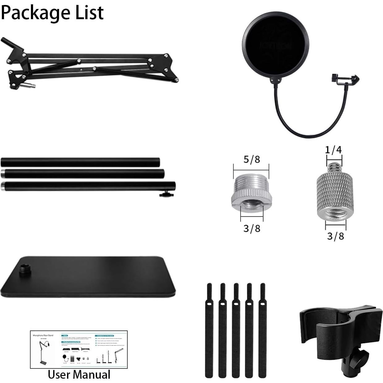 Soporte de Micrófono de Piso Ajustable con Brazo Boom - Negro