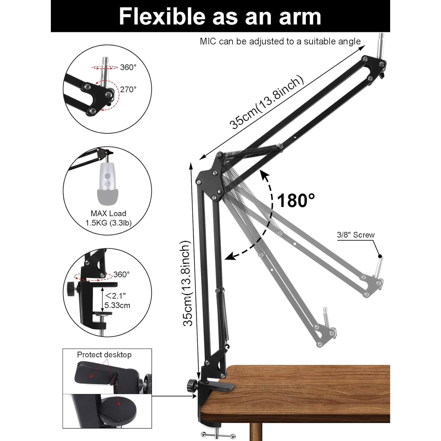 Brazo Soporte Micrófono Ajustable Negro para Blue Yeti y Más