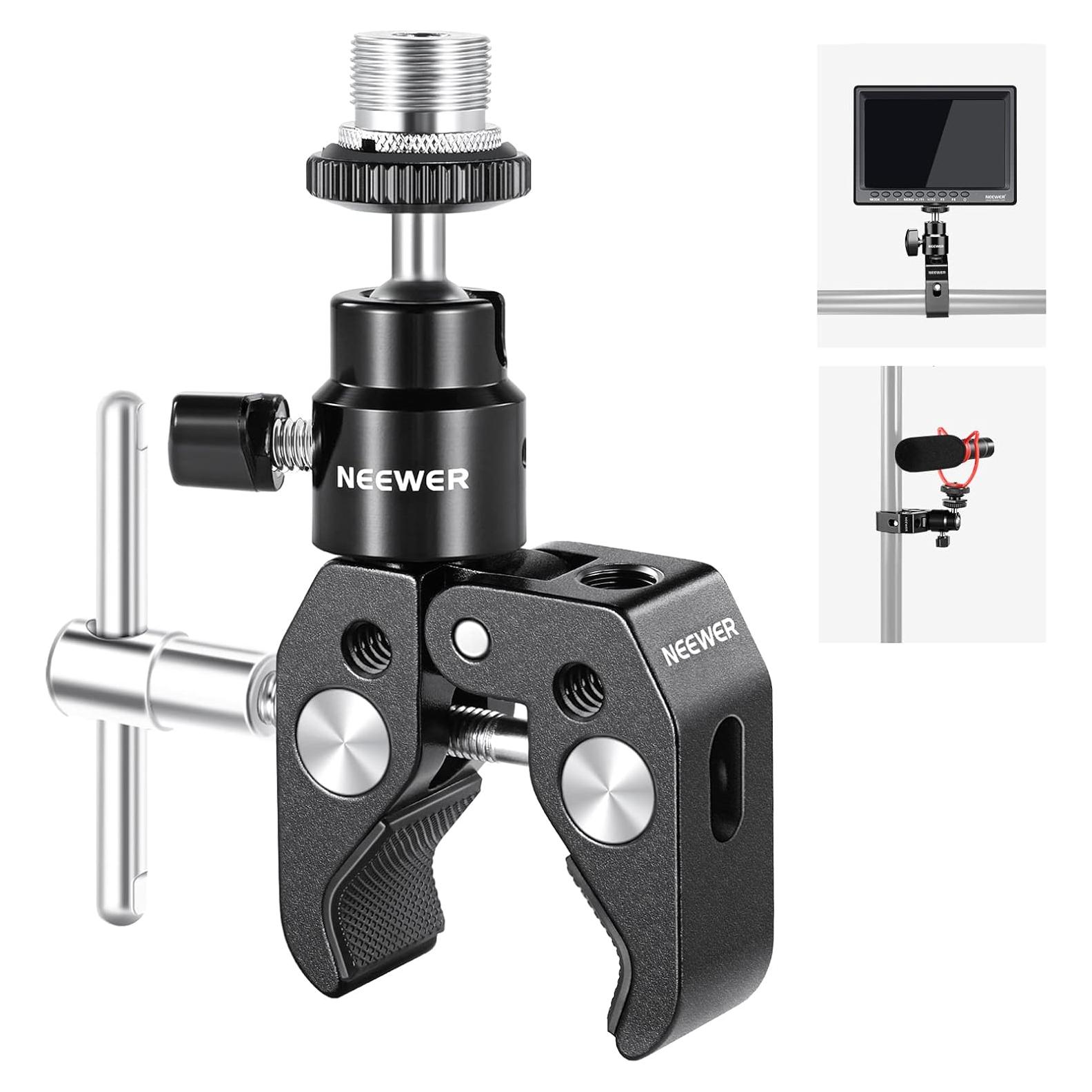 NEEWER Mini Articulated Ball Head with Crab Clip Mic Holder with 1/4" to 5/8" Thread, Compatible with SmallRig Camera Cage and Microphones, Support up to 3.3 lbs