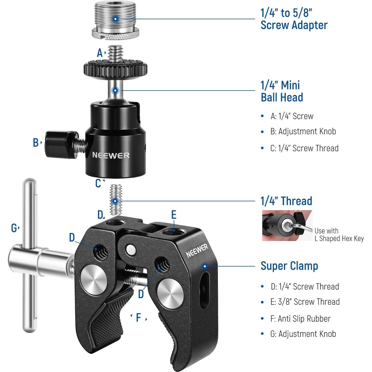 NEEWER Mini Articulated Ball Head with Crab Clip Mic Holder with 1/4" to 5/8" Thread, Compatible with SmallRig Camera Cage and Microphones, Support up to 3.3 lbs