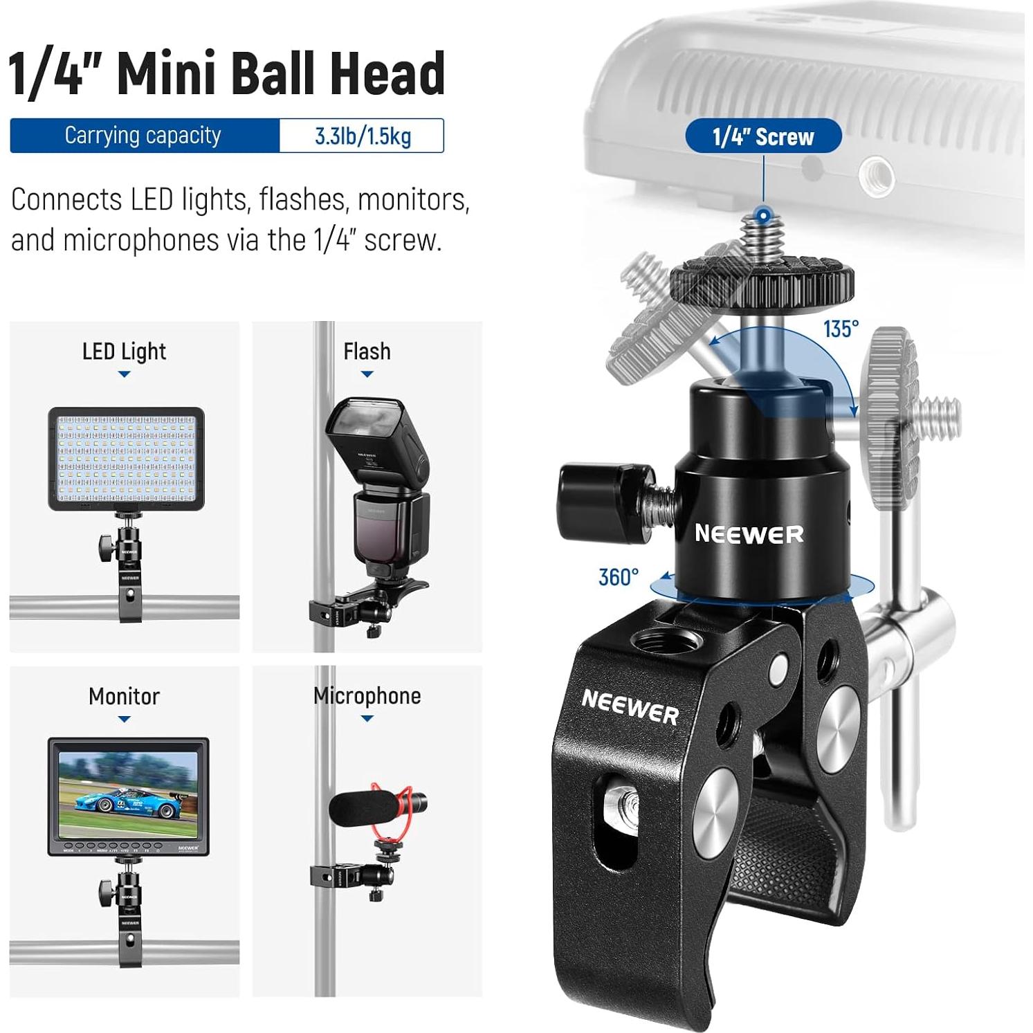 NEEWER Mini Articulated Ball Head with Crab Clip Mic Holder with 1/4" to 5/8" Thread, Compatible with SmallRig Camera Cage and Microphones, Support up to 3.3 lbs