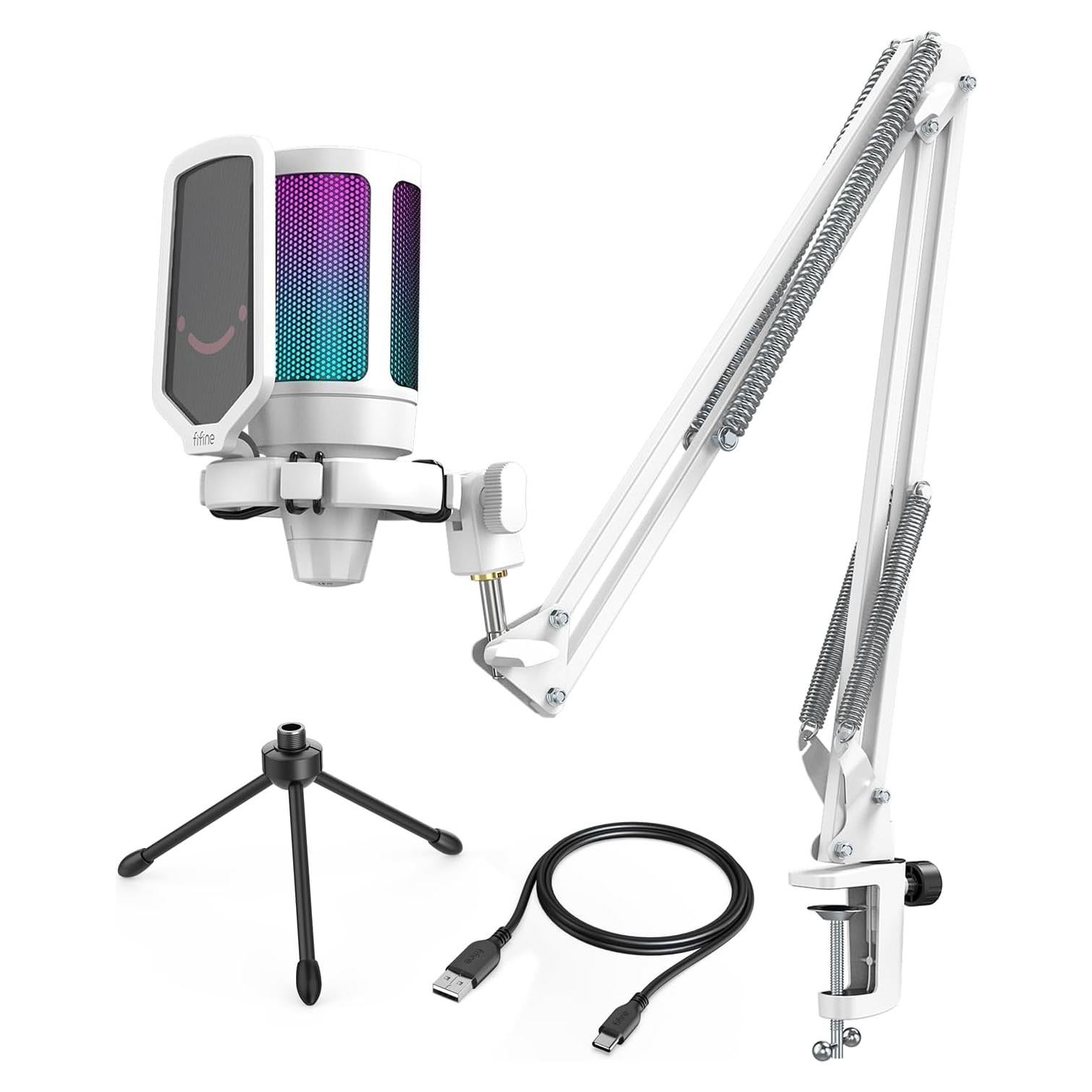 Micrófono Gaming USB FIFINE A6W+CS1W con Brazo Ajustable y Filtro Antipop