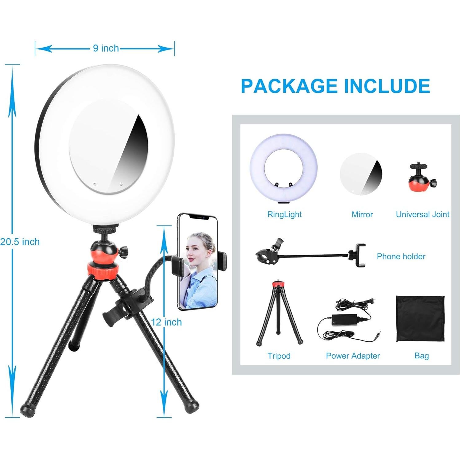 Luz de Anillo LED EMART 22.86 cm con Trípode y Espejo