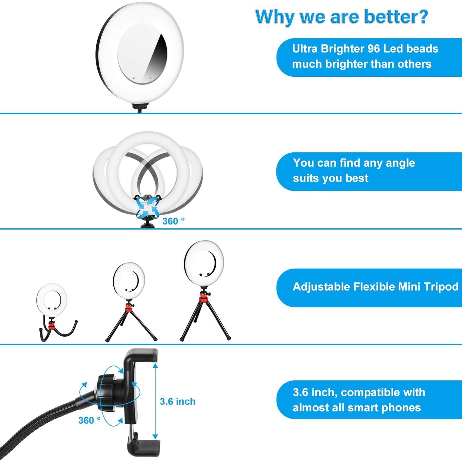 Luz de Anillo LED EMART 22.86 cm con Trípode y Espejo