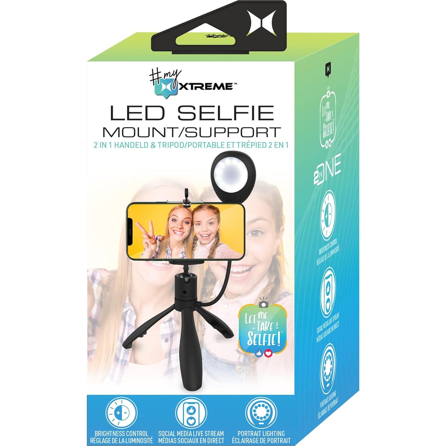 Montaje de Selfie LED Xtreme 2 en 1 con Trípode y 3 Niveles de Iluminación