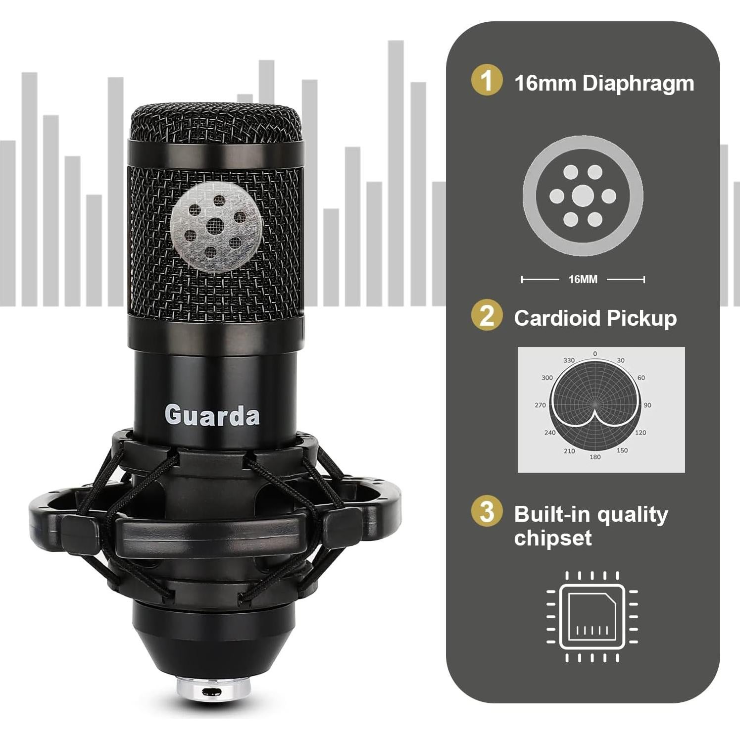 Micrófono USB de Condensador Guarda GD100 con Soporte Ajustable