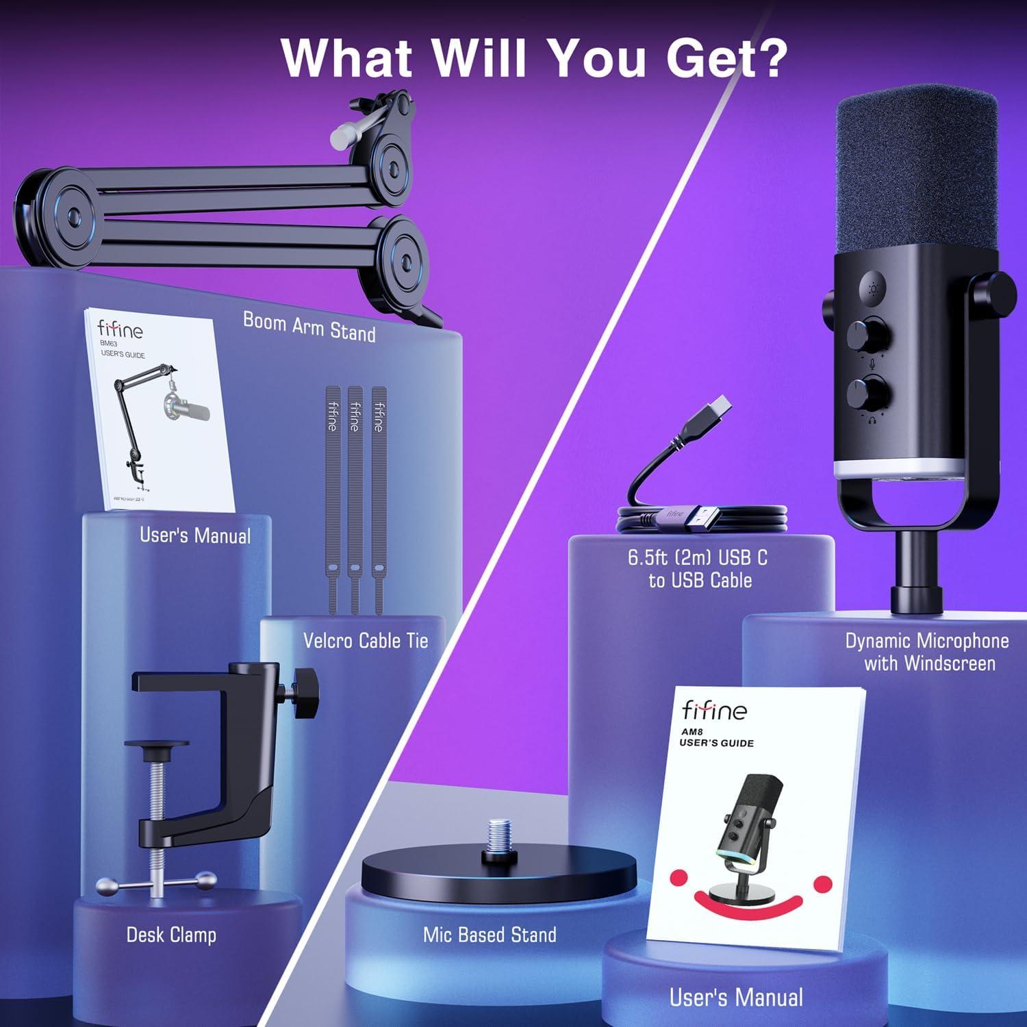 Micrófono XLR/USB FIFINE AM8+BM63 con Brazo Soporte y Luz RGB