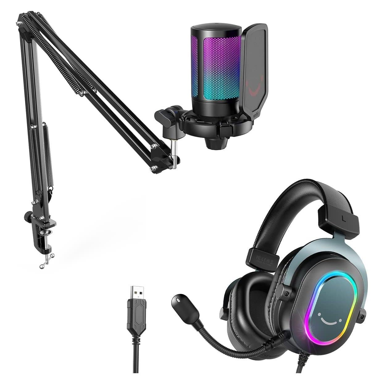FIFINE Gaming Microphone and USB Streaming Headset Kit, PC Podcast Condenser Mic with Boom Arm, Pop Filter, Mute, Wired Headphones with 7.1 Surround Sound for Streaming, Twitch, Online Chat (A6T+H6)