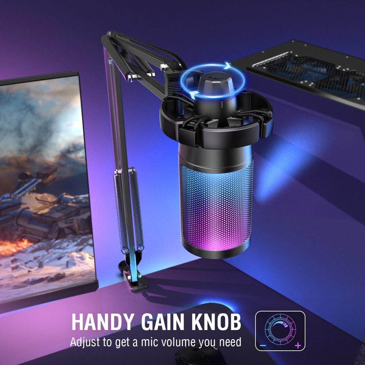 FIFINE Gaming Microphone and USB Streaming Headset Kit, PC Podcast Condenser Mic with Boom Arm, Pop Filter, Mute, Wired Headphones with 7.1 Surround Sound for Streaming, Twitch, Online Chat (A6T+H6)