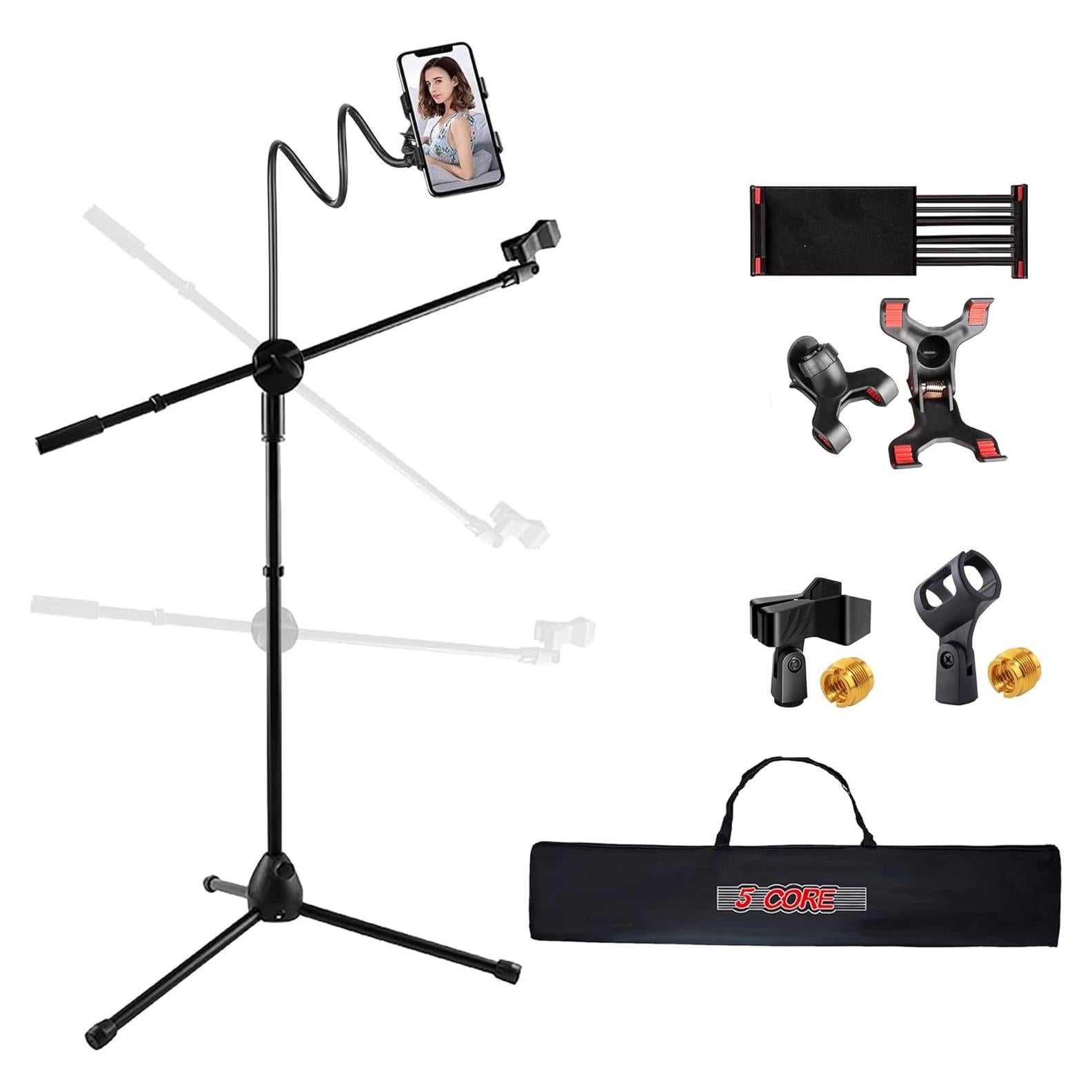 5Core Microphone Stand with Tablet Holder Foldable Adjustable 44–67 Inch Floor Boom Mic Arm w Phone Clamp Tripod w Carry Bag + 2 Mic Clips for Singing Karaoke Studio Stage - MS MOB