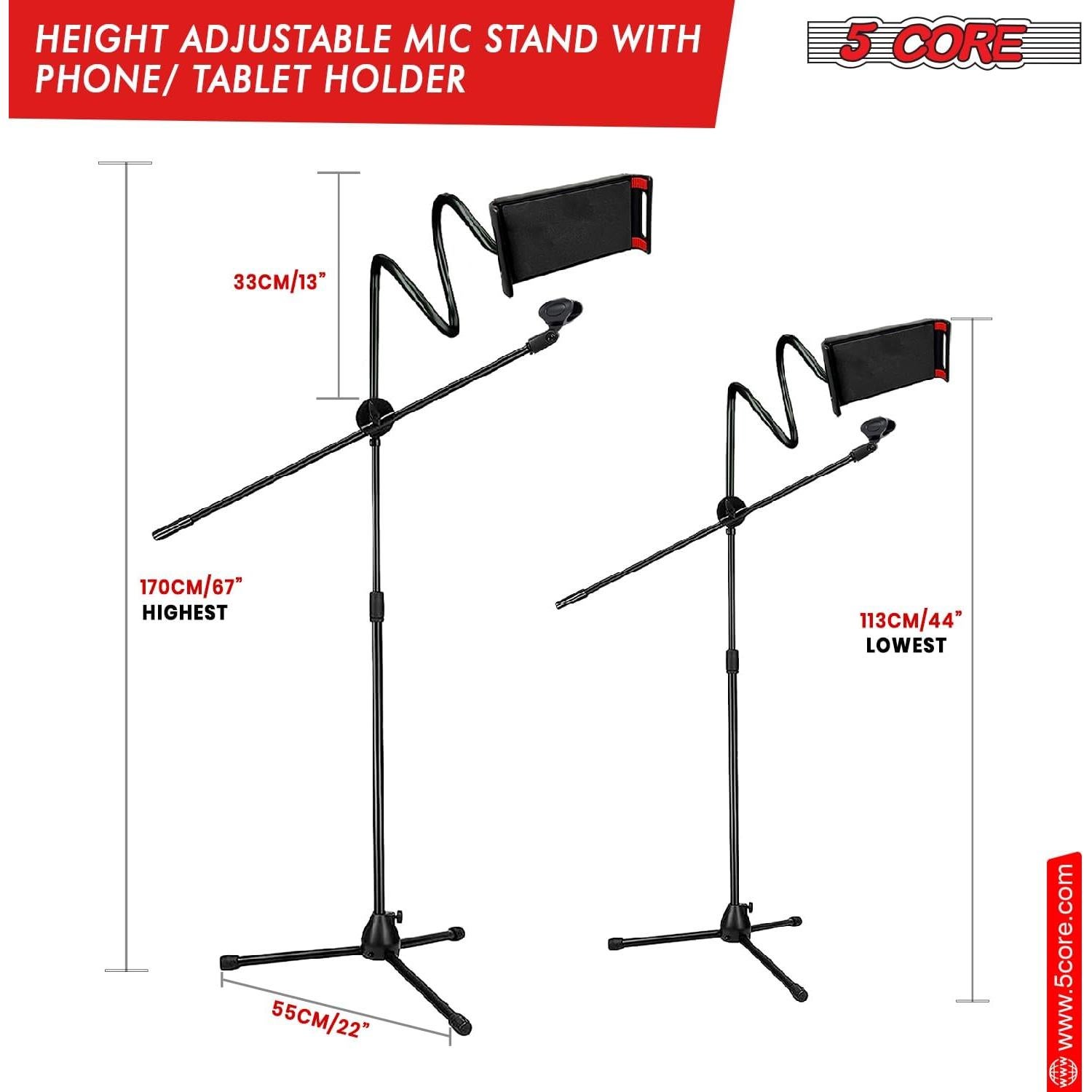 5Core Microphone Stand with Tablet Holder Foldable Adjustable 44–67 Inch Floor Boom Mic Arm w Phone Clamp Tripod w Carry Bag + 2 Mic Clips for Singing Karaoke Studio Stage - MS MOB