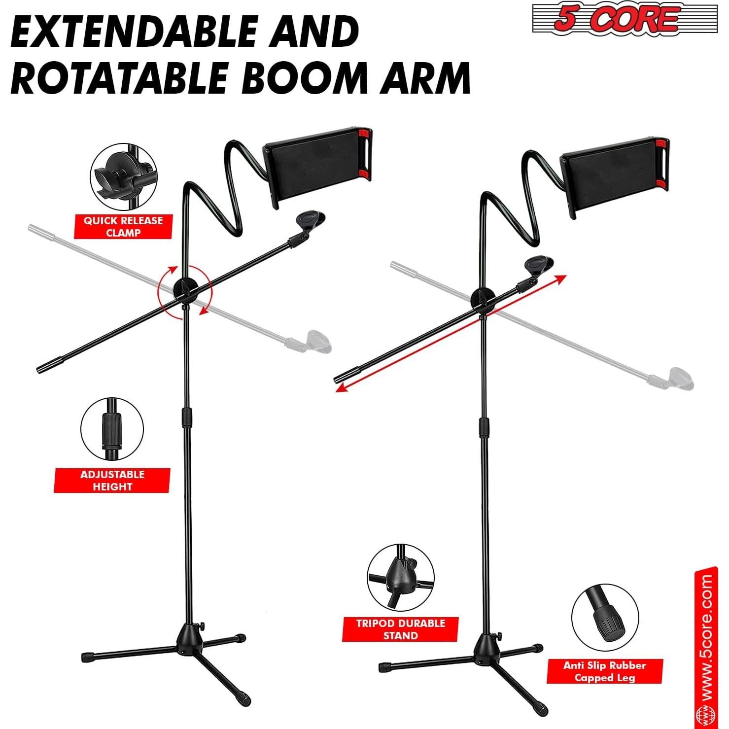 5Core Microphone Stand with Tablet Holder Foldable Adjustable 44–67 Inch Floor Boom Mic Arm w Phone Clamp Tripod w Carry Bag + 2 Mic Clips for Singing Karaoke Studio Stage - MS MOB