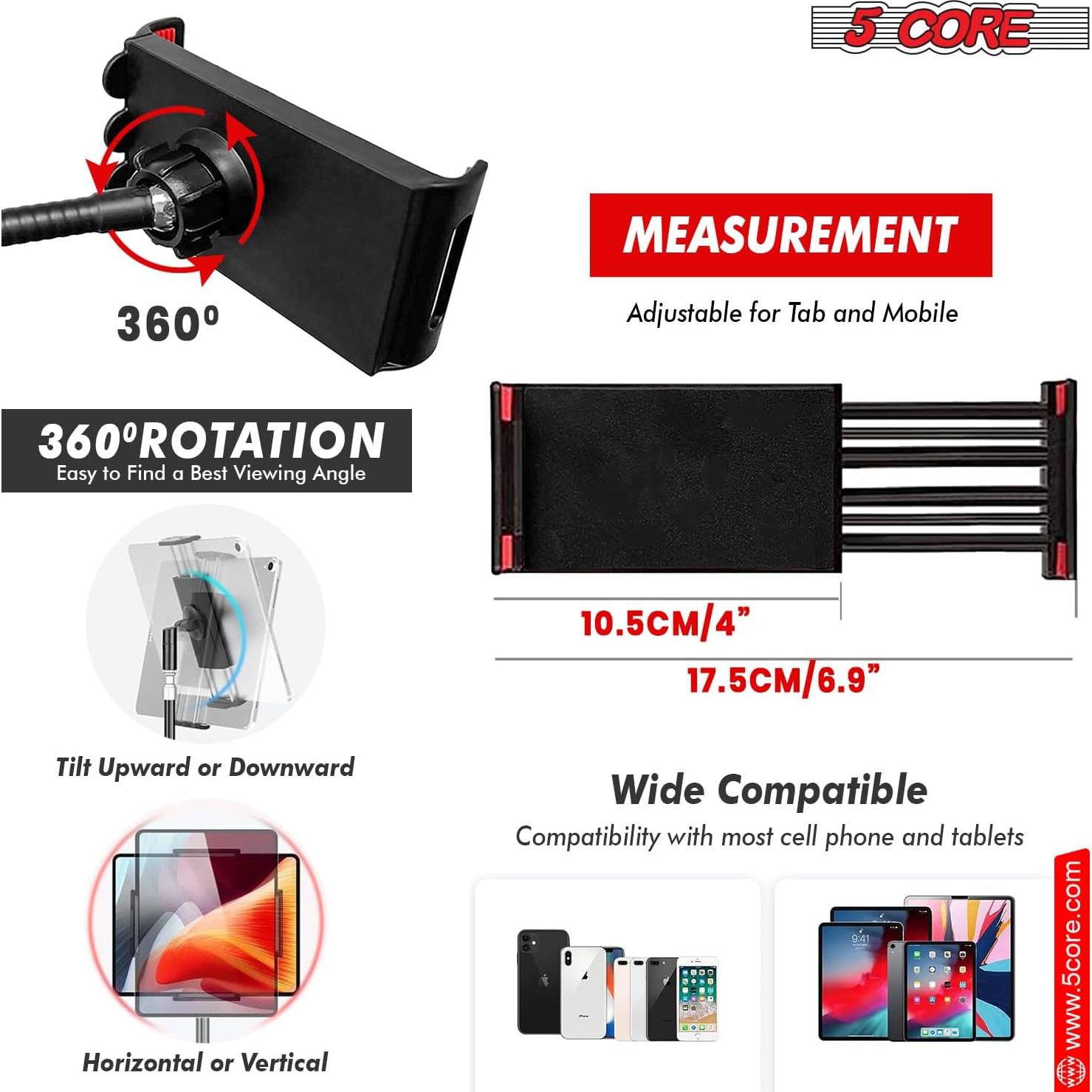 5Core Microphone Stand with Tablet Holder Foldable Adjustable 44–67 Inch Floor Boom Mic Arm w Phone Clamp Tripod w Carry Bag + 2 Mic Clips for Singing Karaoke Studio Stage - MS MOB