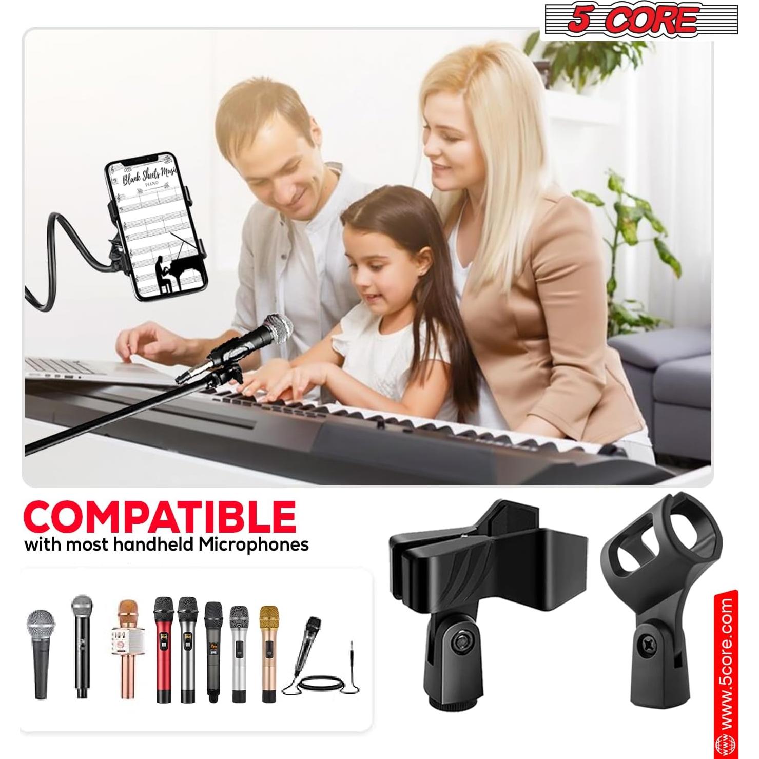5Core Microphone Stand with Tablet Holder Foldable Adjustable 44–67 Inch Floor Boom Mic Arm w Phone Clamp Tripod w Carry Bag + 2 Mic Clips for Singing Karaoke Studio Stage - MS MOB