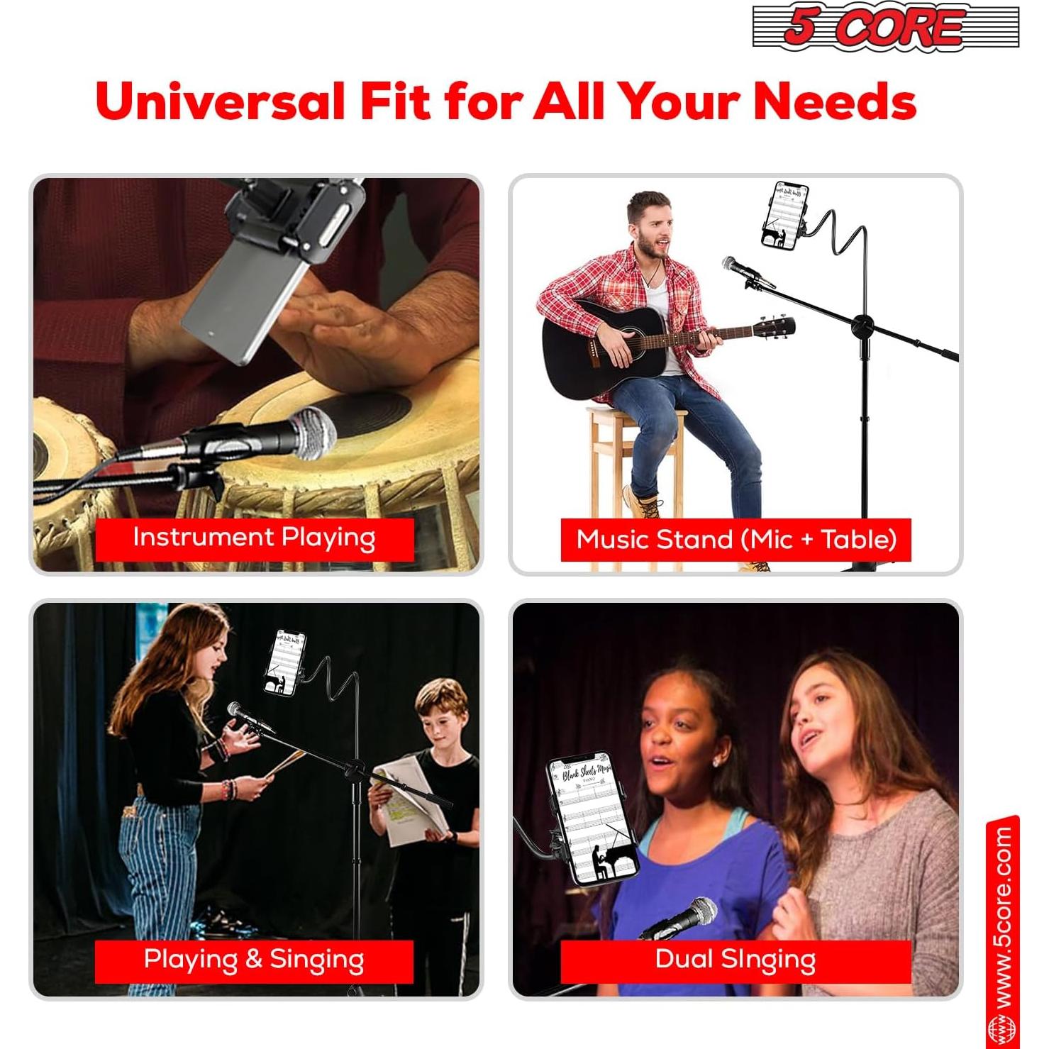 5Core Microphone Stand with Tablet Holder Foldable Adjustable 44–67 Inch Floor Boom Mic Arm w Phone Clamp Tripod w Carry Bag + 2 Mic Clips for Singing Karaoke Studio Stage - MS MOB