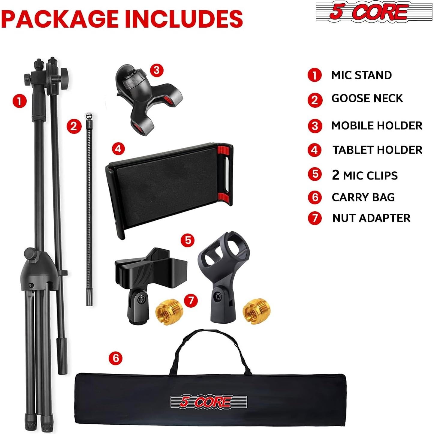 5Core Microphone Stand with Tablet Holder Foldable Adjustable 44–67 Inch Floor Boom Mic Arm w Phone Clamp Tripod w Carry Bag + 2 Mic Clips for Singing Karaoke Studio Stage - MS MOB