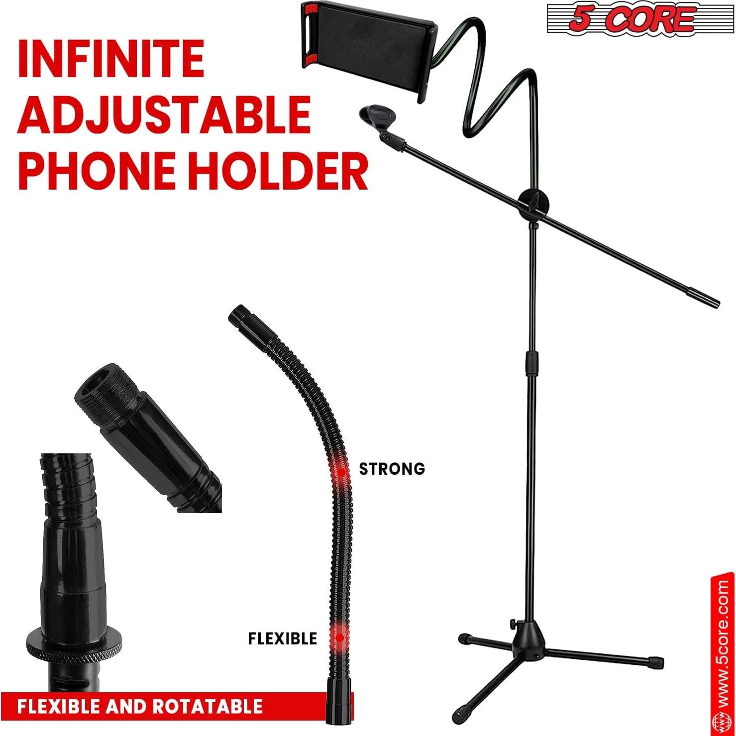 5Core Microphone Stand with Tablet Holder Foldable Adjustable 44–67 Inch Floor Boom Mic Arm w Phone Clamp Tripod w Carry Bag + 2 Mic Clips for Singing Karaoke Studio Stage - MS MOB
