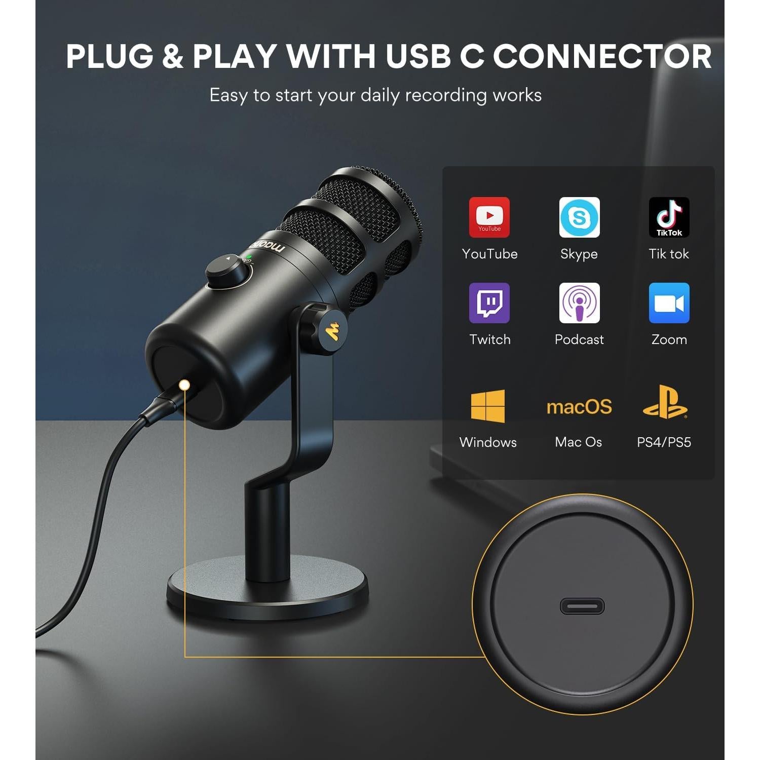 Micrófono Dinámico USB MAONO PD100U con Brazo BA92 para Podcast