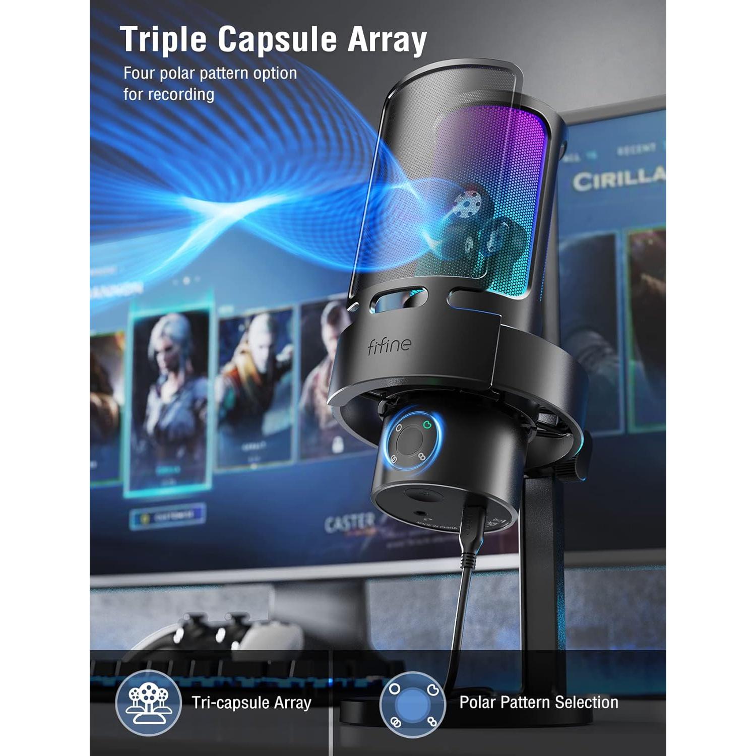 Micrófono USB FIFINE A8Plus+BM63 con Brazo Soporte y Control RGB