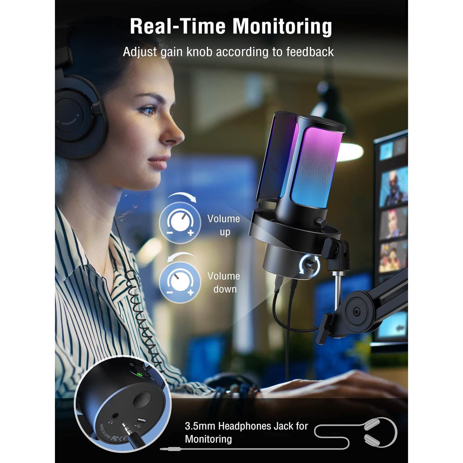 Micrófono USB FIFINE A8Plus+BM63 con Brazo Soporte y Control RGB