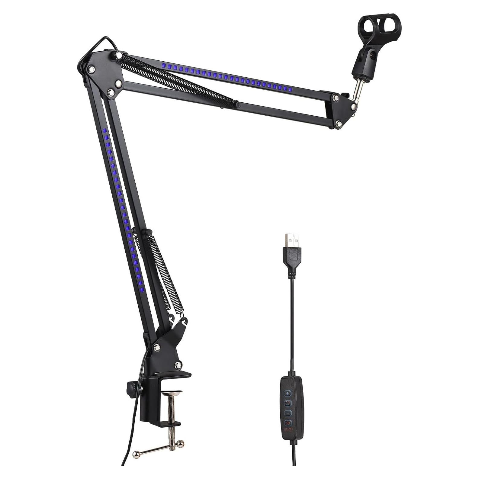 Microphone Stand Boom Arm with RGB Lighting 28 RGB LED Beads 4 Lighting Control Modes Adjustable Vibration Protection Metal Mic Boom Arm for Gaming Streaming Podcasting