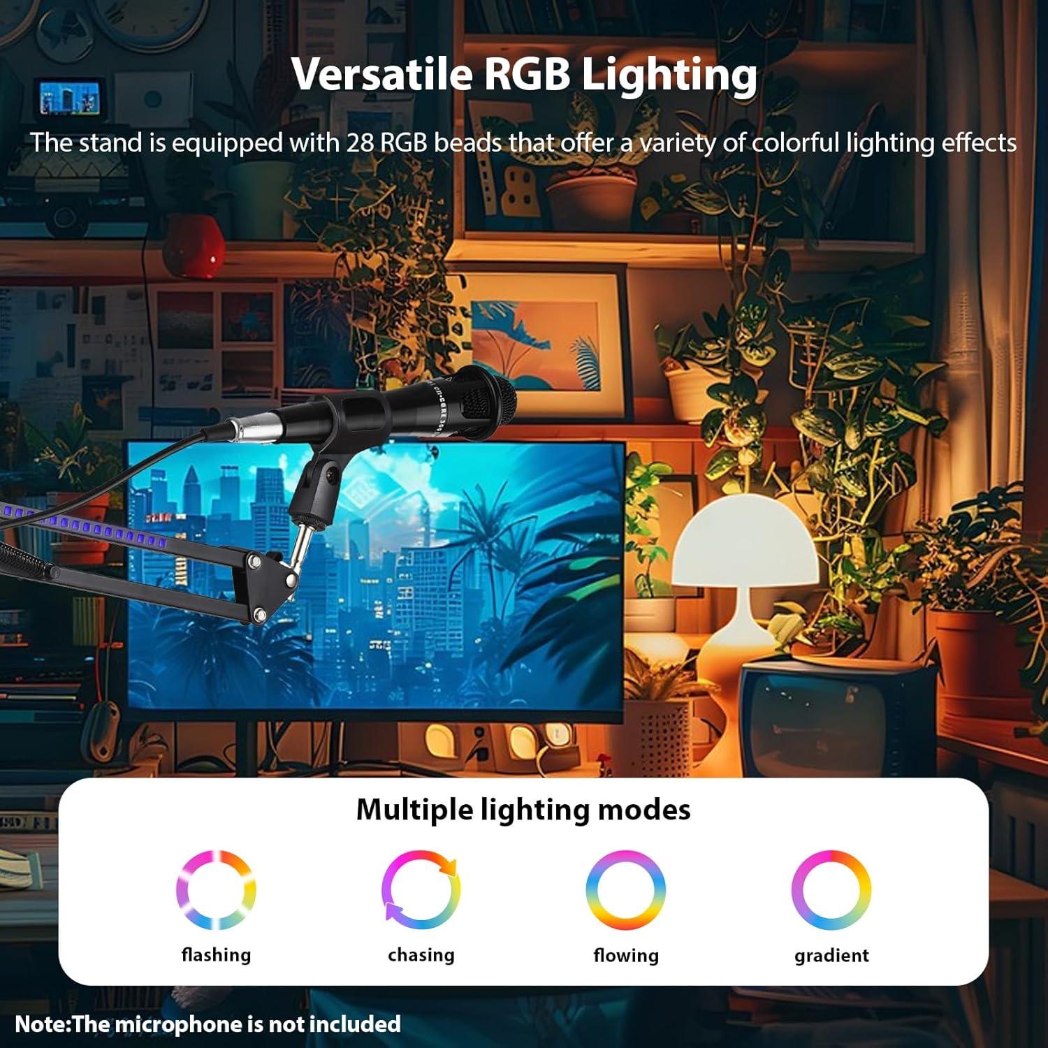 Microphone Stand Boom Arm with RGB Lighting 28 RGB LED Beads 4 Lighting Control Modes Adjustable Vibration Protection Metal Mic Boom Arm for Gaming Streaming Podcasting