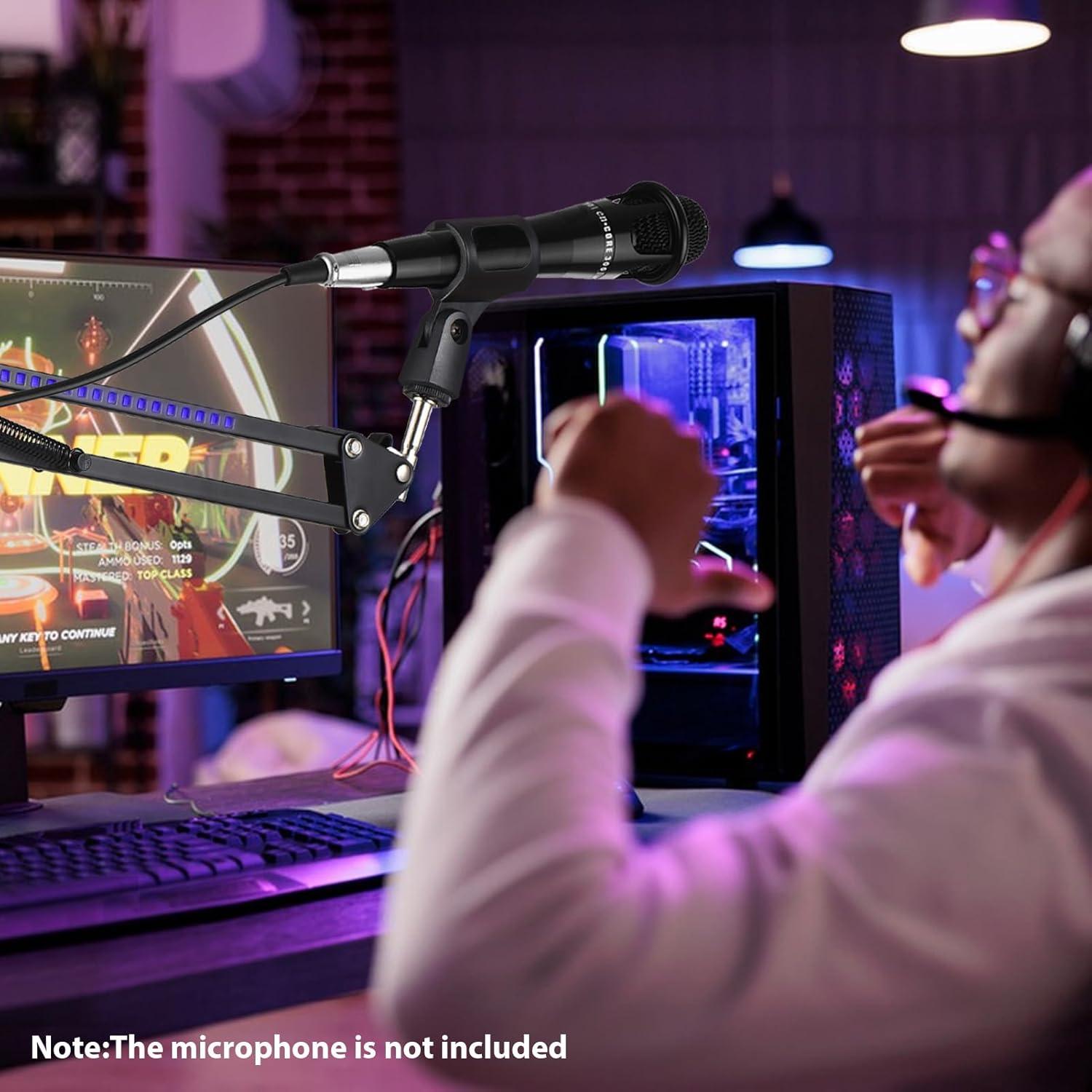 Microphone Stand Boom Arm with RGB Lighting 28 RGB LED Beads 4 Lighting Control Modes Adjustable Vibration Protection Metal Mic Boom Arm for Gaming Streaming Podcasting