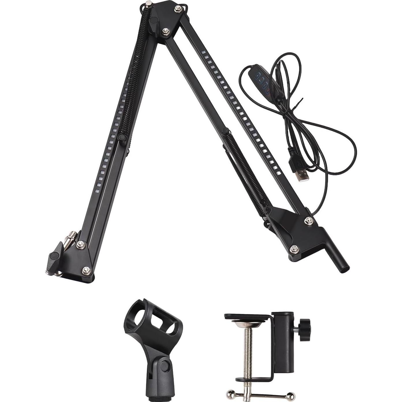 Microphone Stand Boom Arm with RGB Lighting 28 RGB LED Beads 4 Lighting Control Modes Adjustable Vibration Protection Metal Mic Boom Arm for Gaming Streaming Podcasting