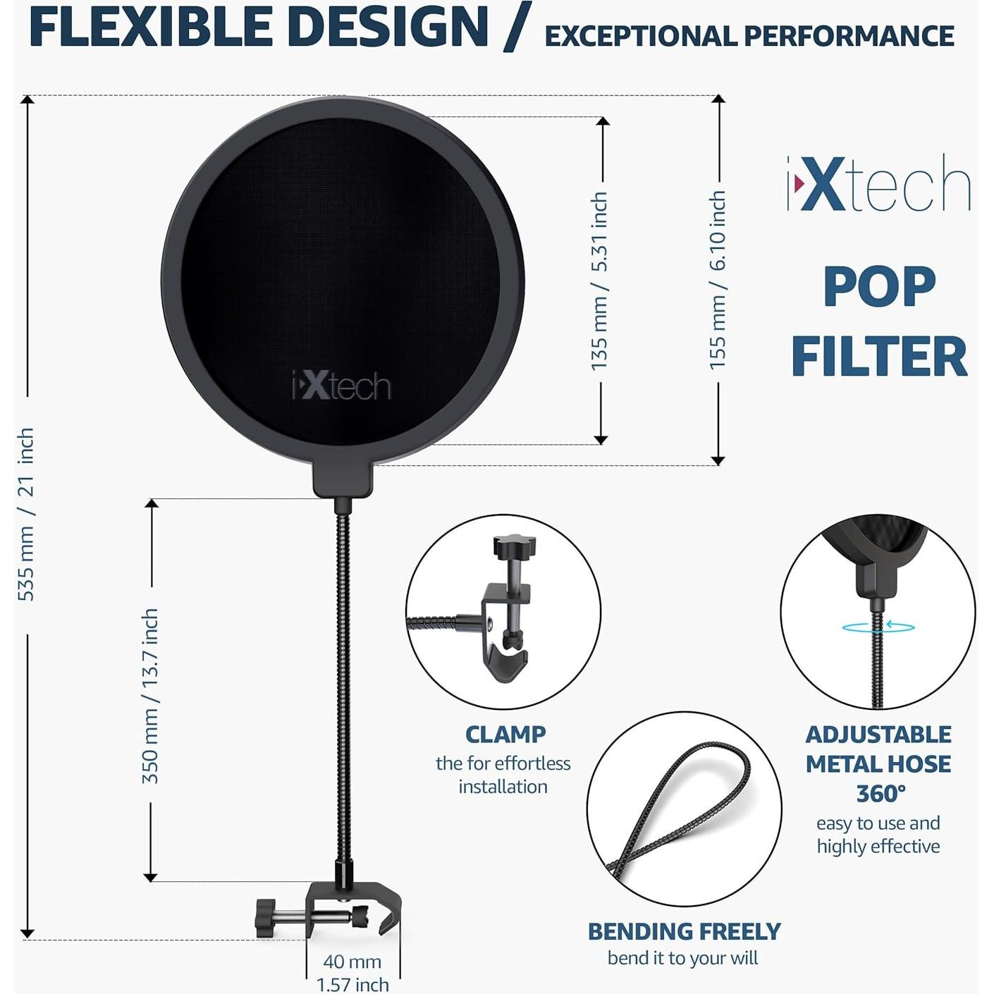 Filtro Pop IXTECH para Micrófono Doble Capa 53.34x15.24cm