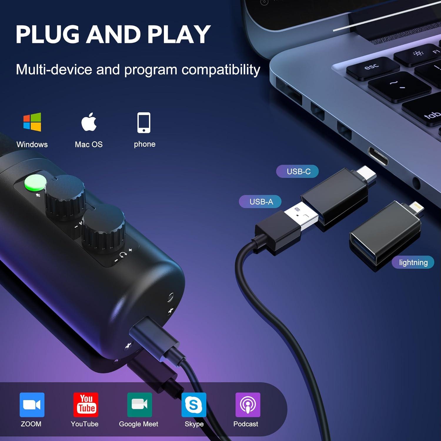 Micrófono USB Condensador Cardioide con Soporte y Filtro Antipop