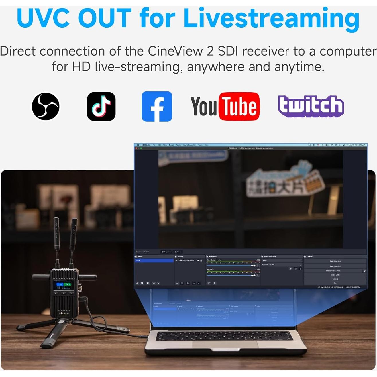 Accsoon CineView 2 SDI Wireless Video Transmission System, 1500ft/450m Range 50ms Latency, HDMI Transmitter and Receiver, UVC for Live Streaming, 4 App Monitoring Compatible with CineView HE/SE/Quad