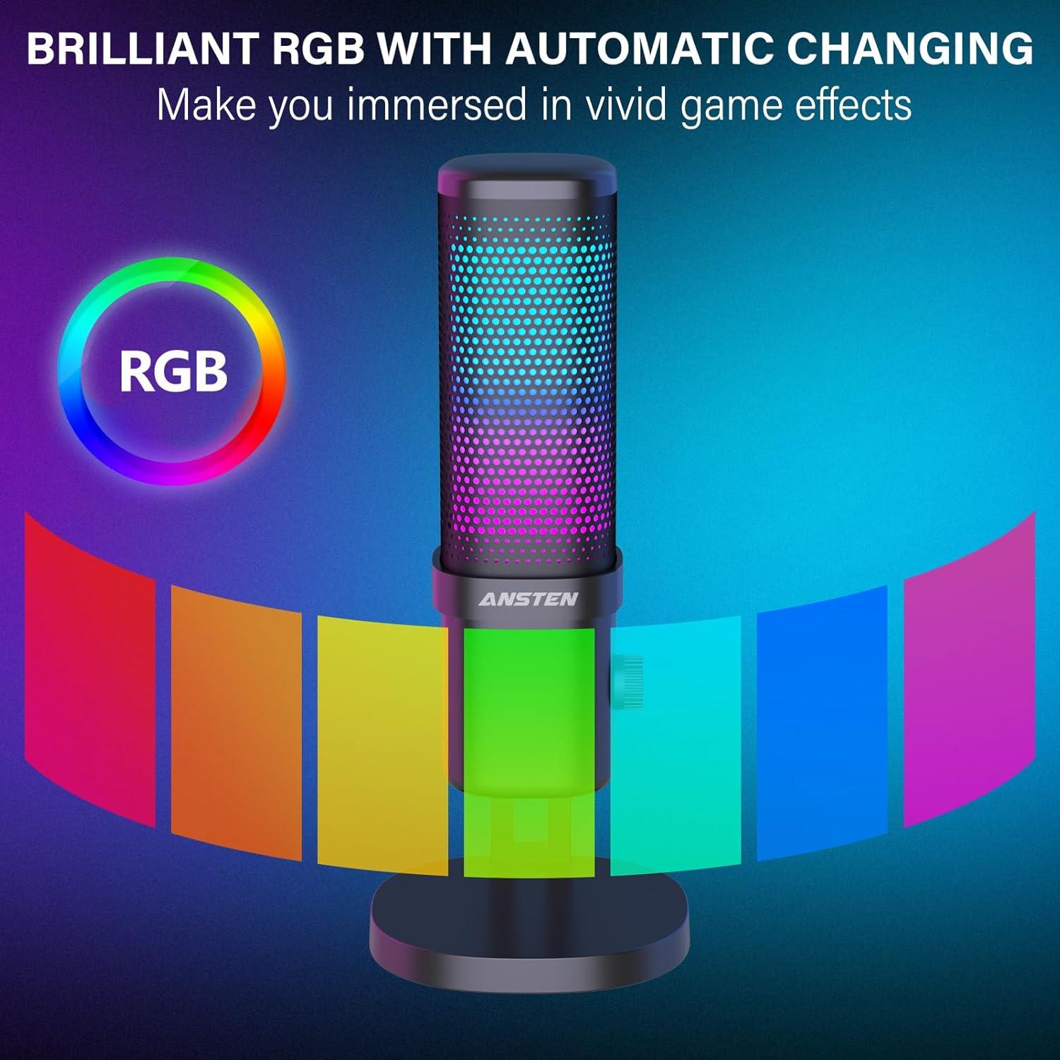 Micrófono Gaming ANSTEN USB Condensador RGB con Silencio