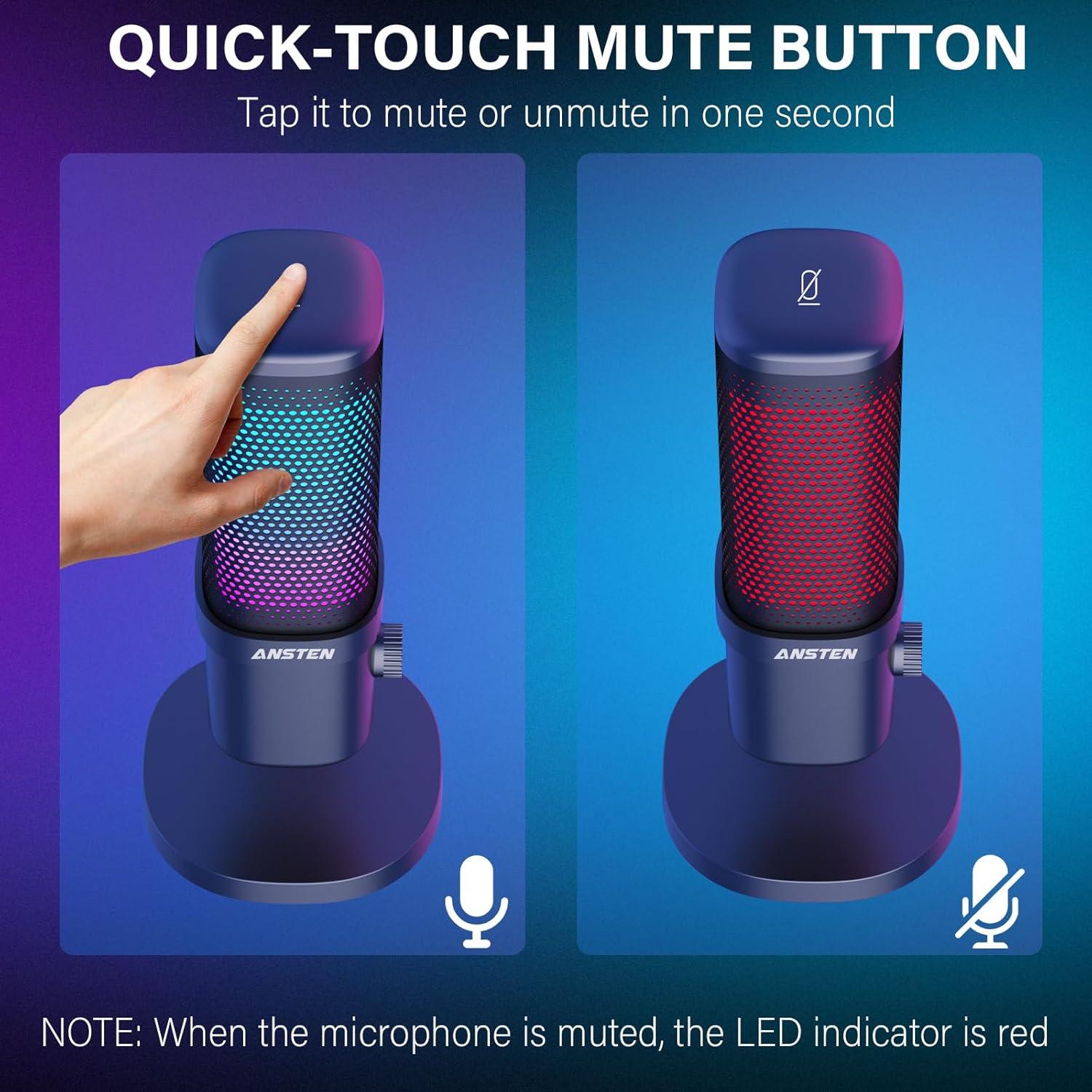 Micrófono Gaming ANSTEN USB Condensador RGB con Silencio